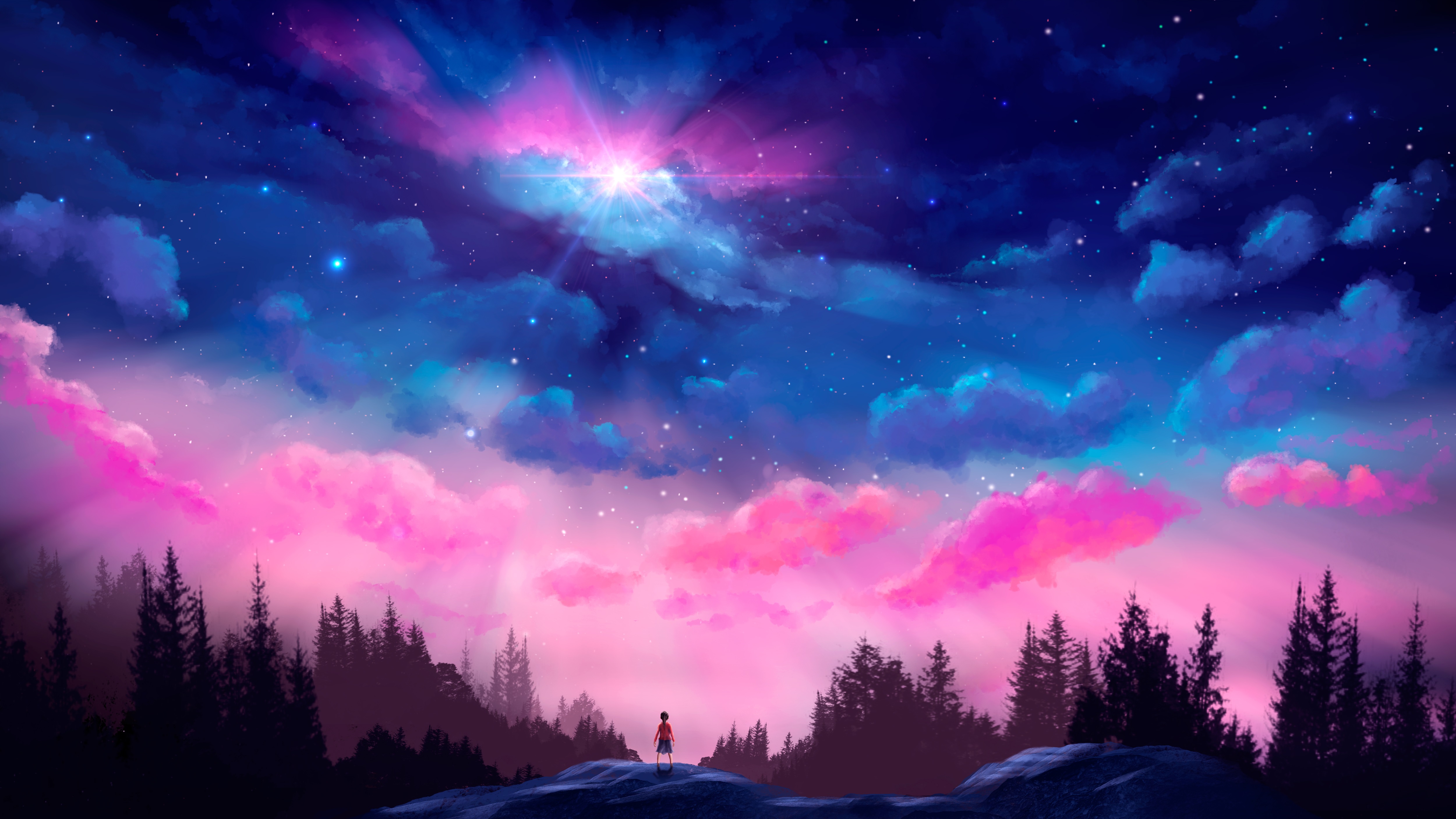 儿童 站立 AI艺术 天空 森林 空间 星星 云 蓝色 五颜六色 风景 灯光 自然 树木 4K高清壁纸 5000×2812
