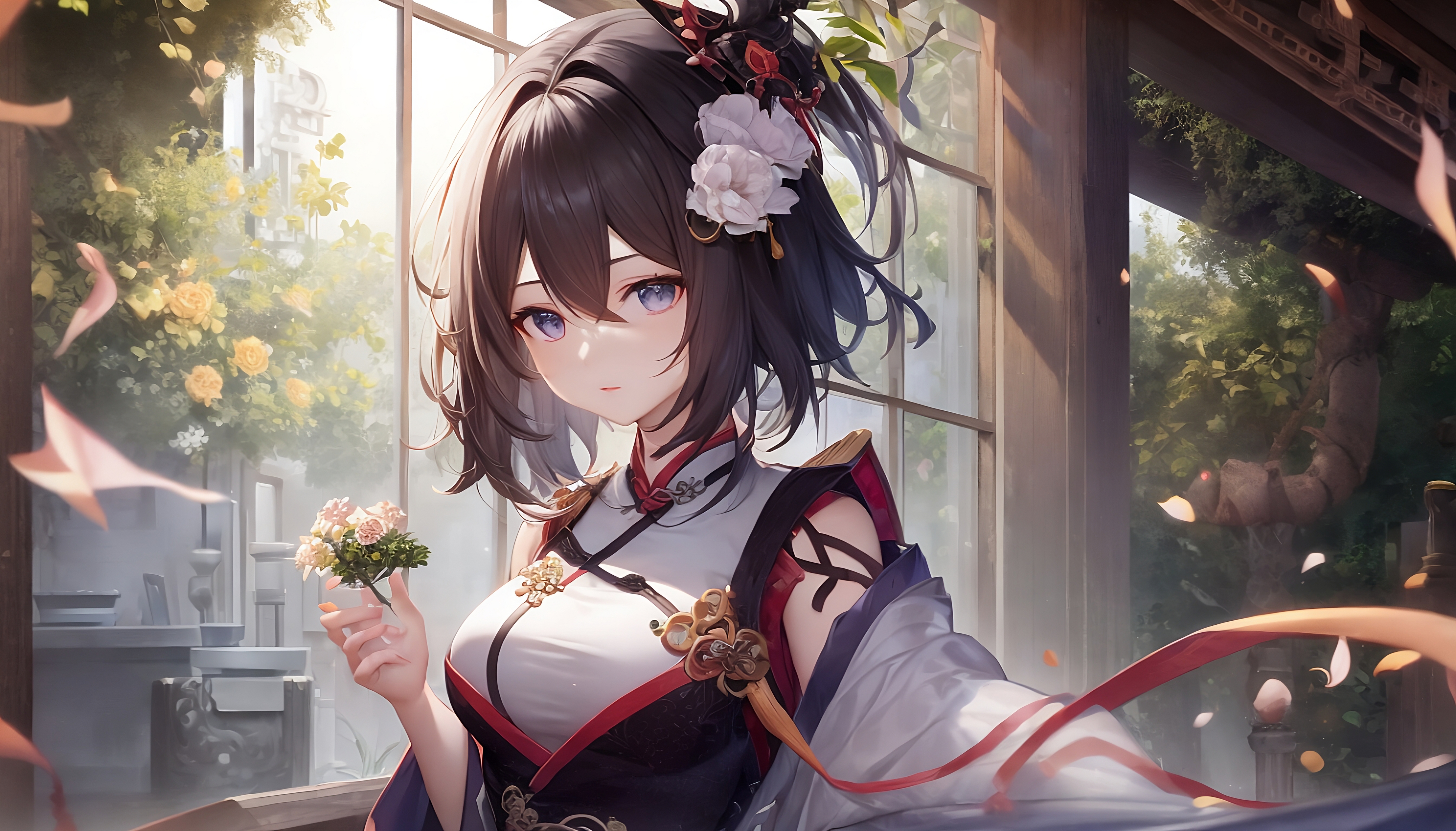 绚丽汉服 艺术 小说 服饰 动漫 女孩 花 花瓣 旗袍 4K壁纸 5376×3072