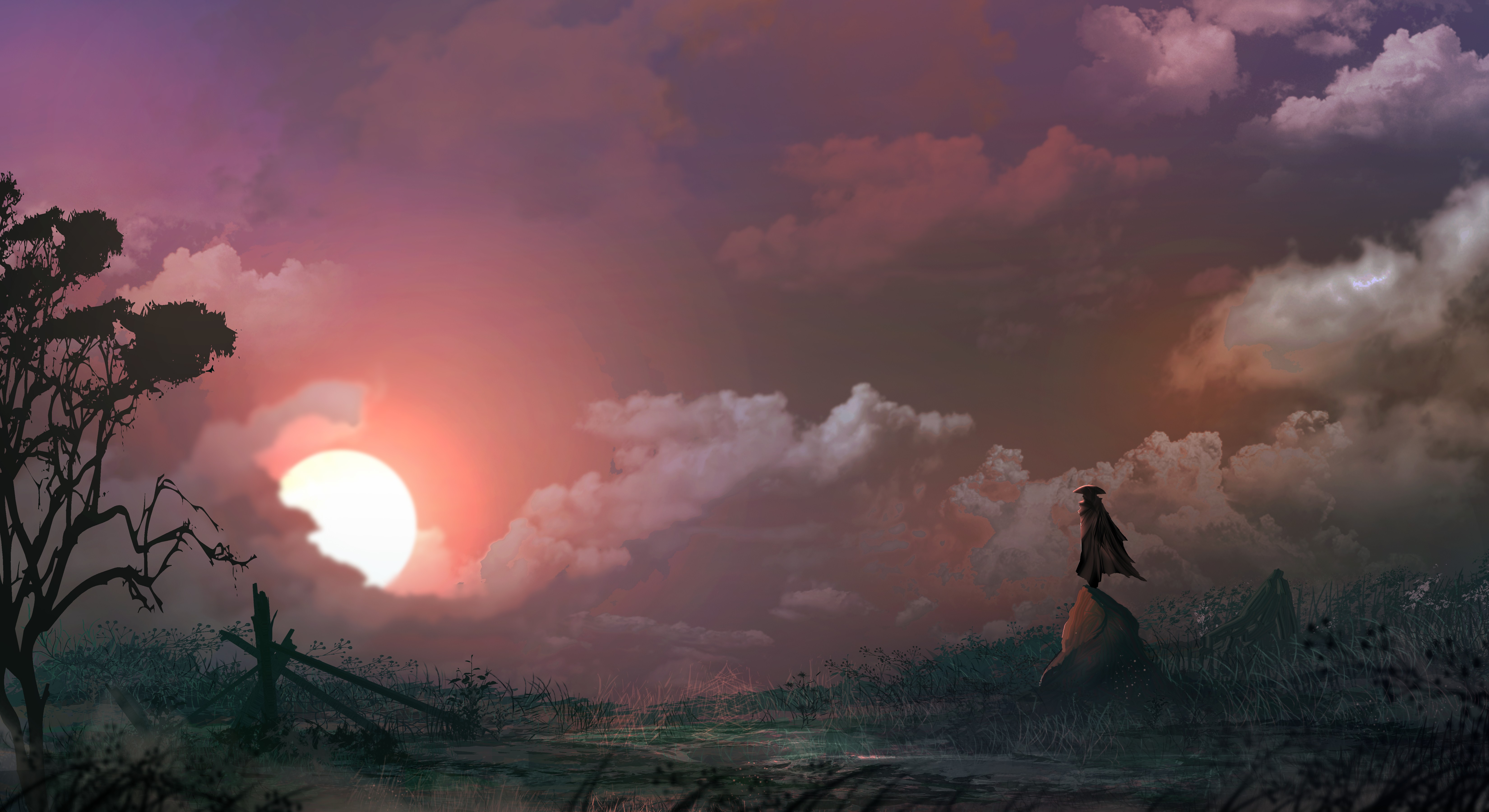 孤独 英雄 幻想 自然 太阳 云 草 AI艺术 壁纸 6600×3600