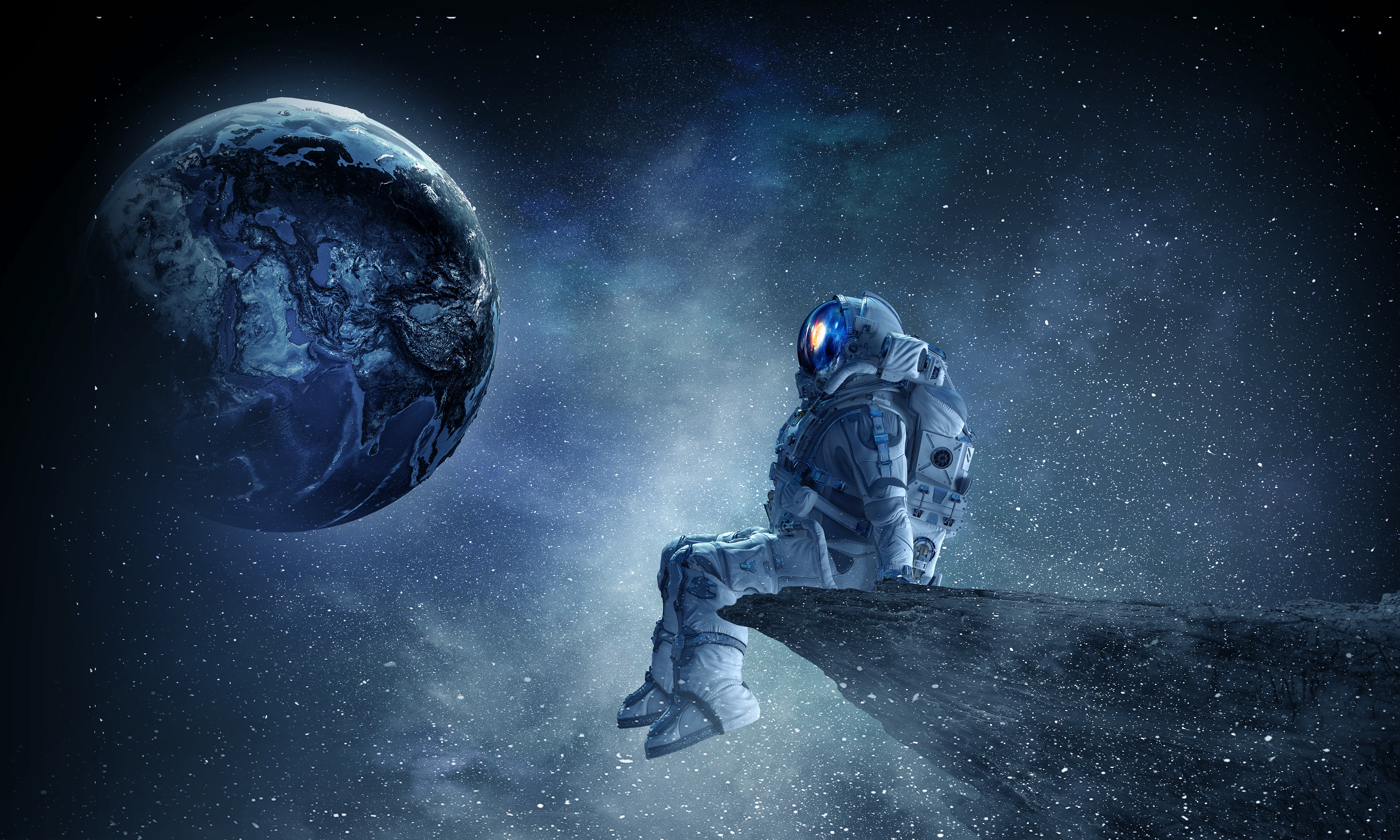 宇航员 坐着 宇宙 太空 插图 行星 宇航服 地球 悬崖 倒影 星星 奇幻艺术 壁纸 4300×2580