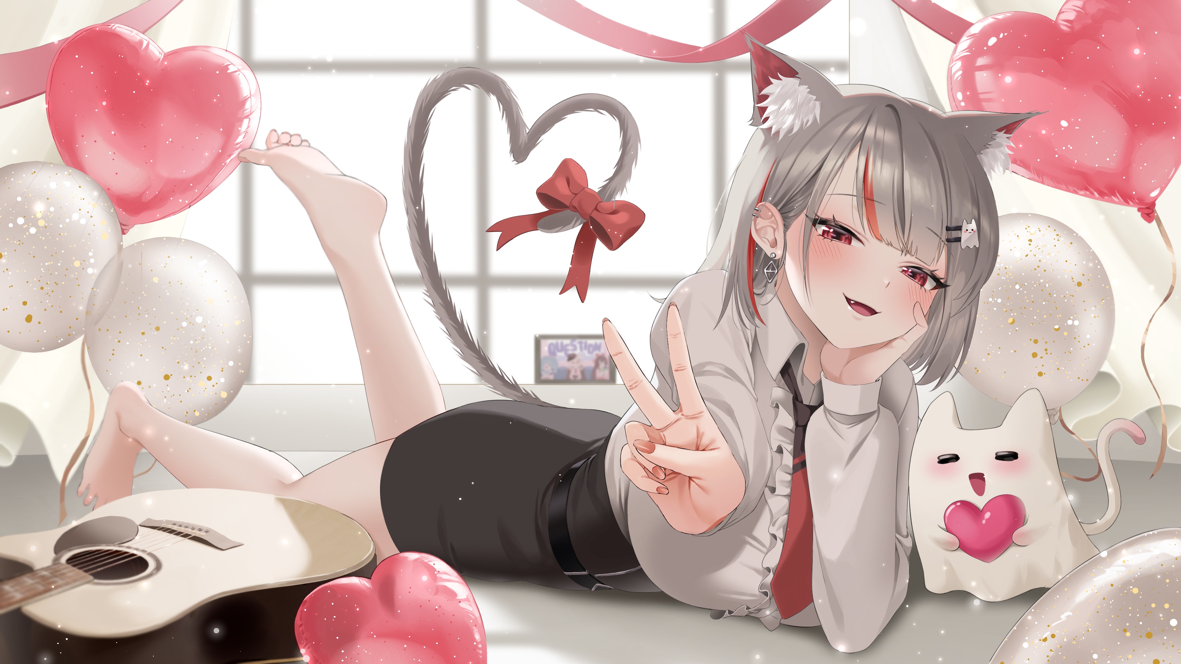 绝美猫女孩 躺下 脚 微笑 动漫 女孩 猫耳朵 猫尾巴 气球 领结 脸红 耳环 穿孔 吉他 心 设计 窗口 乐器 壁纸 3840×2160