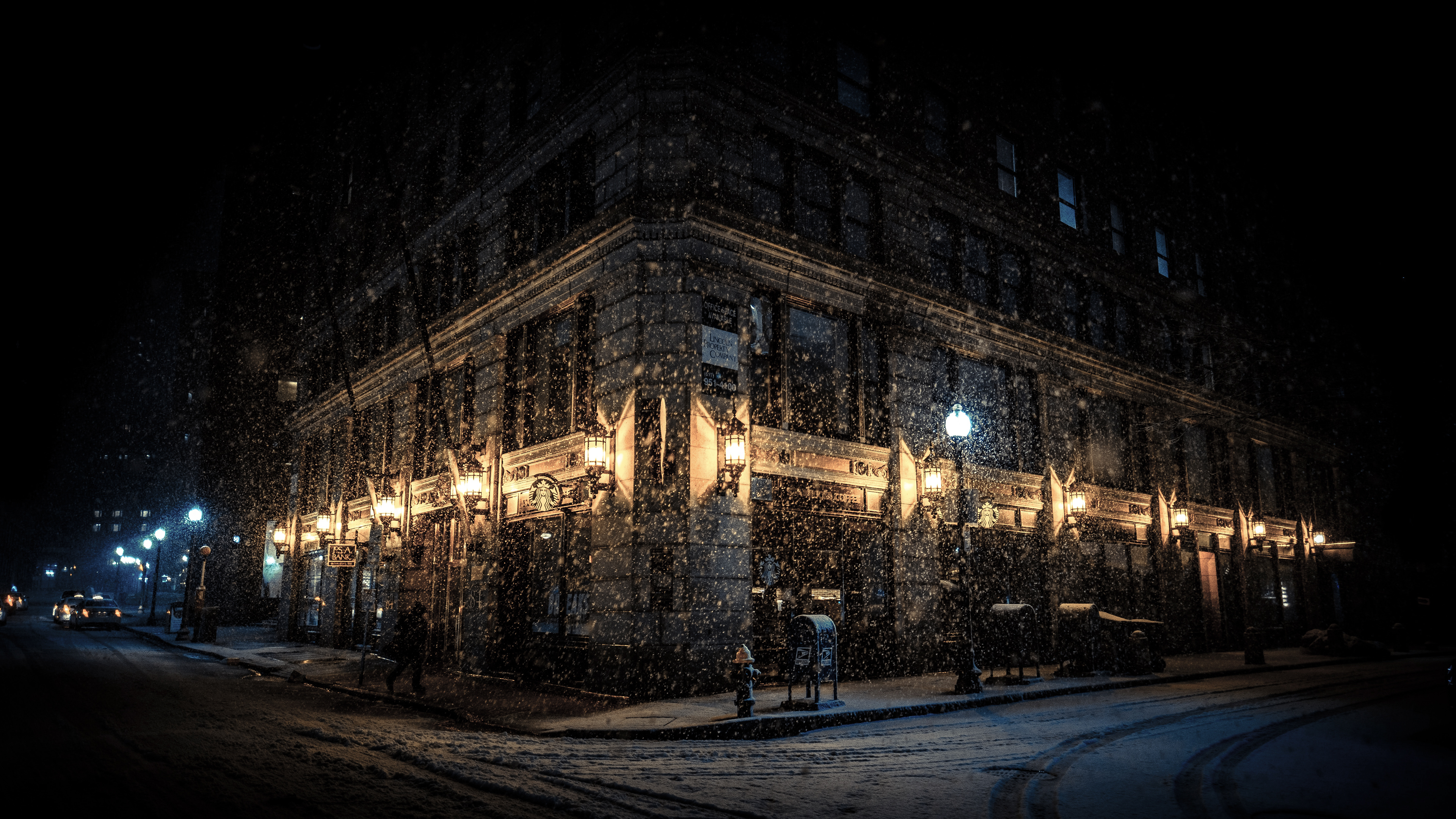 唯美灯 街道 夜 路灯 下雪 壁纸 3840×2160
