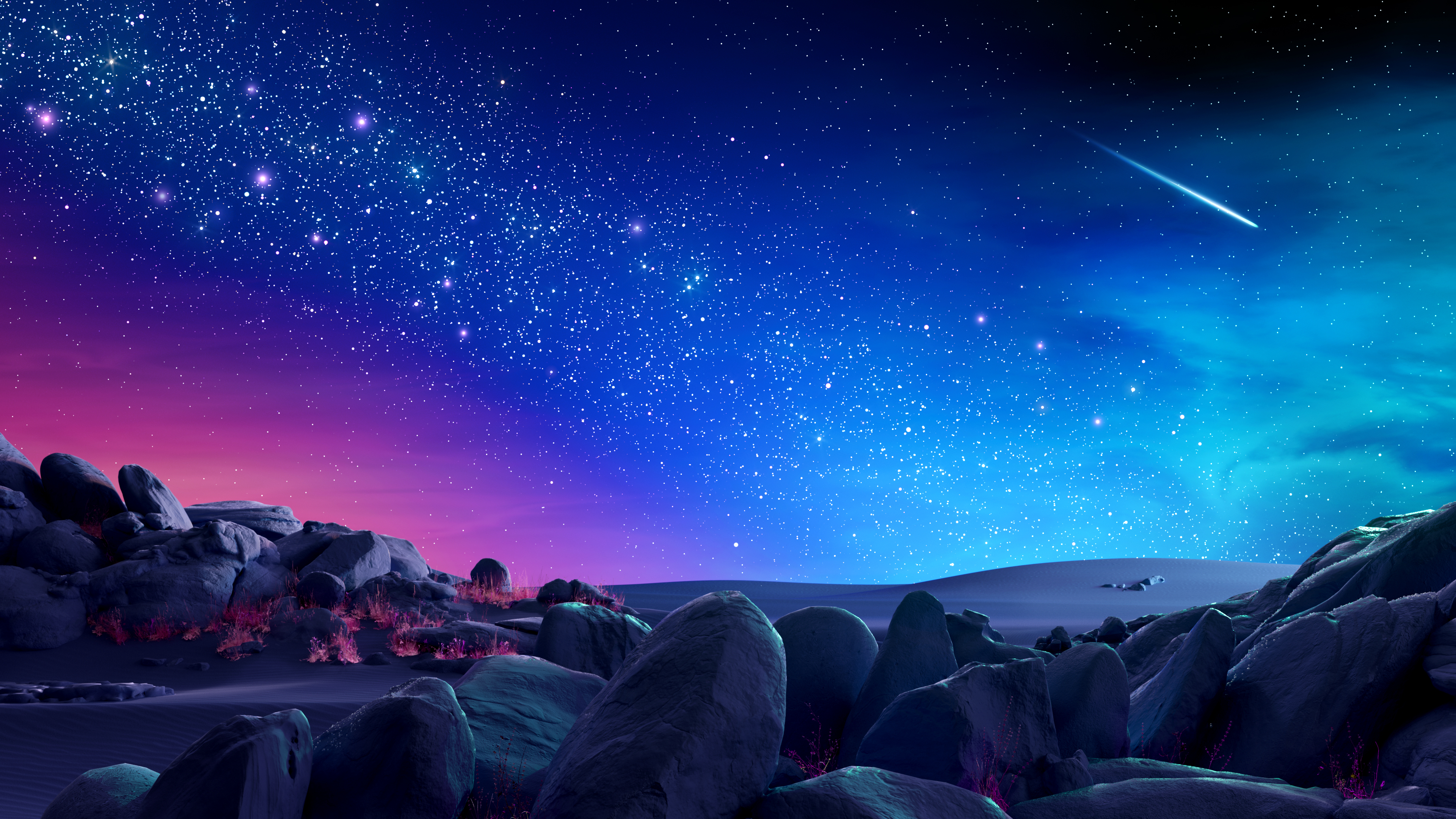 风景 夜 夜景 岩石 沙漠 繁星之夜 流星 超现实 天空 星星 自然 桌面壁纸 3840×2160