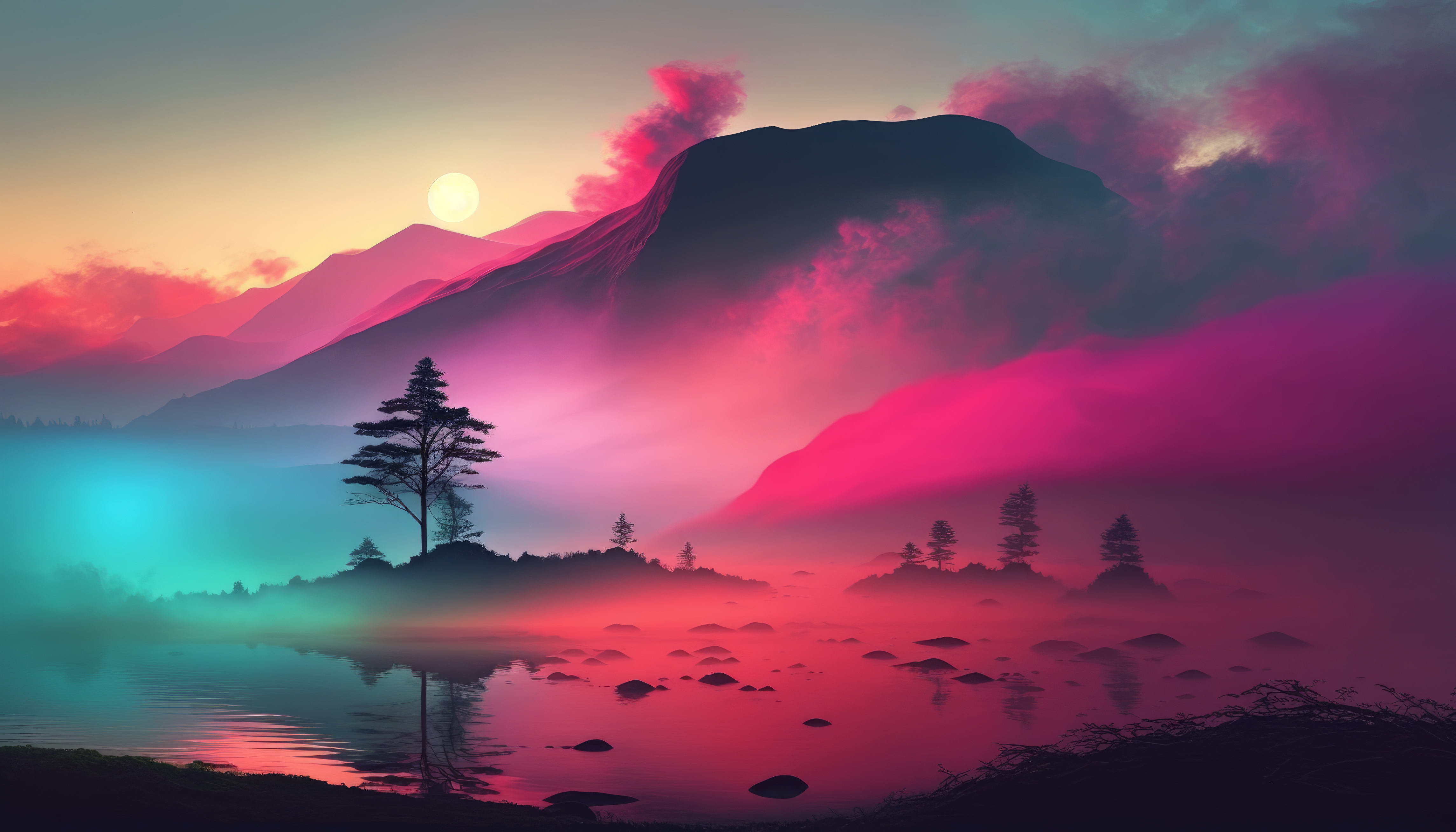 超清艺术 薄雾 早晨 日出 风景 山脉 湖泊 自然 倒影 手机壁纸 4579×2616