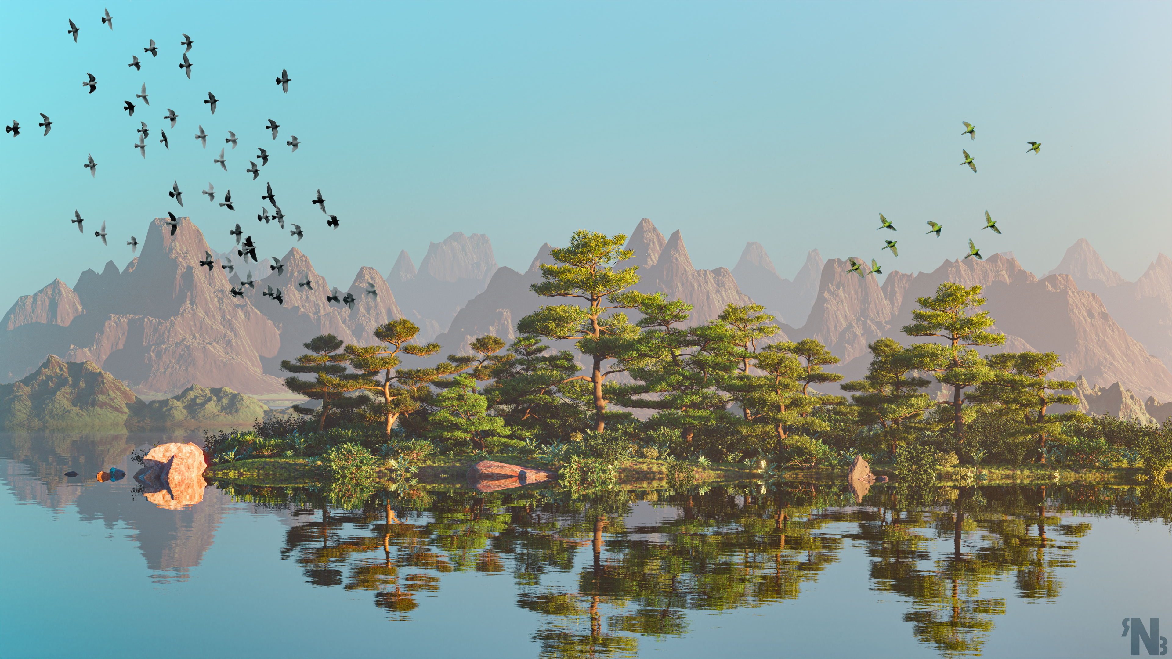 山 湖 树 鸟 4K高清壁纸 3840×2160