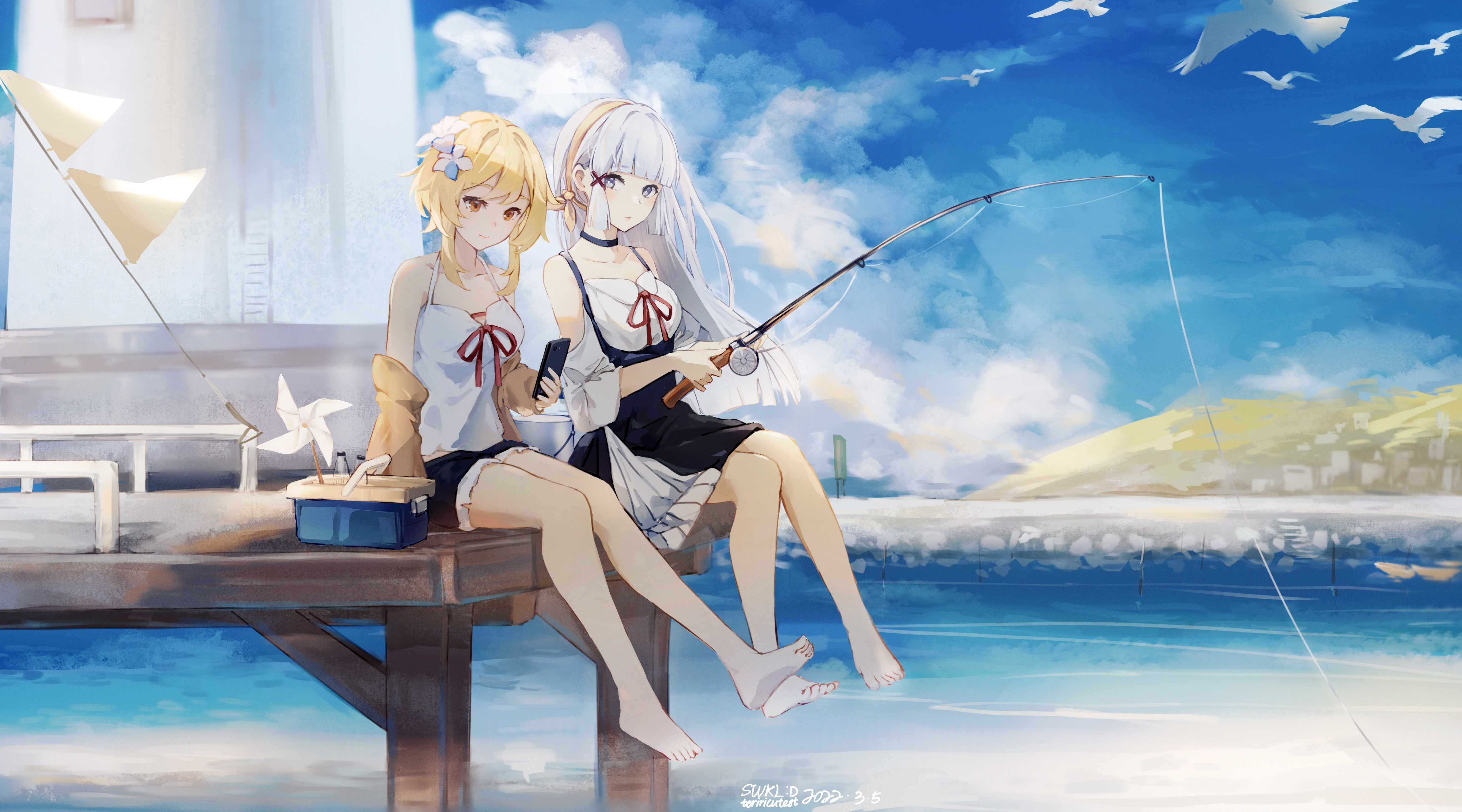 动漫 女孩 原神 海边 钓鱼 长发 短发 灯塔 壁纸 4966×2759