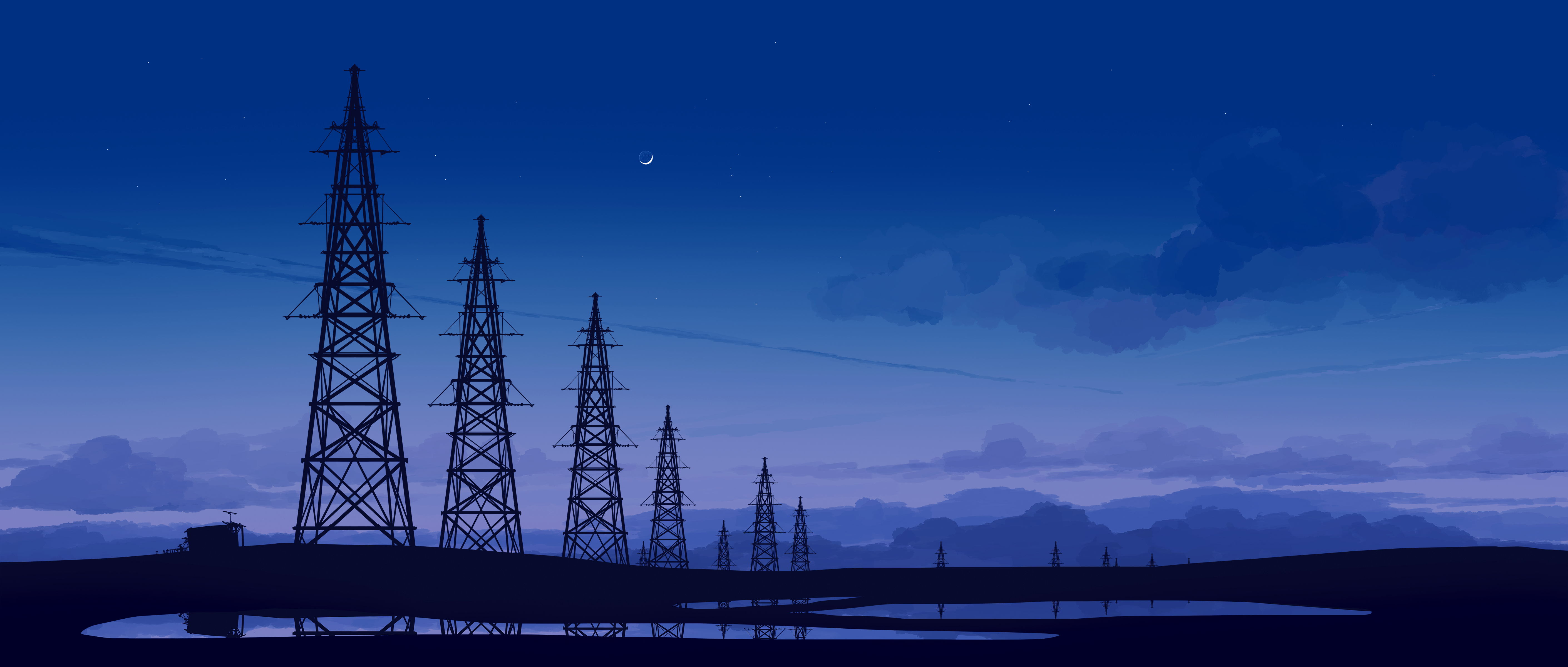 优雅 AI艺术 图片 插图 素描 风景 夜晚 夜景 倒影 云 月亮 壁纸 5640×2400