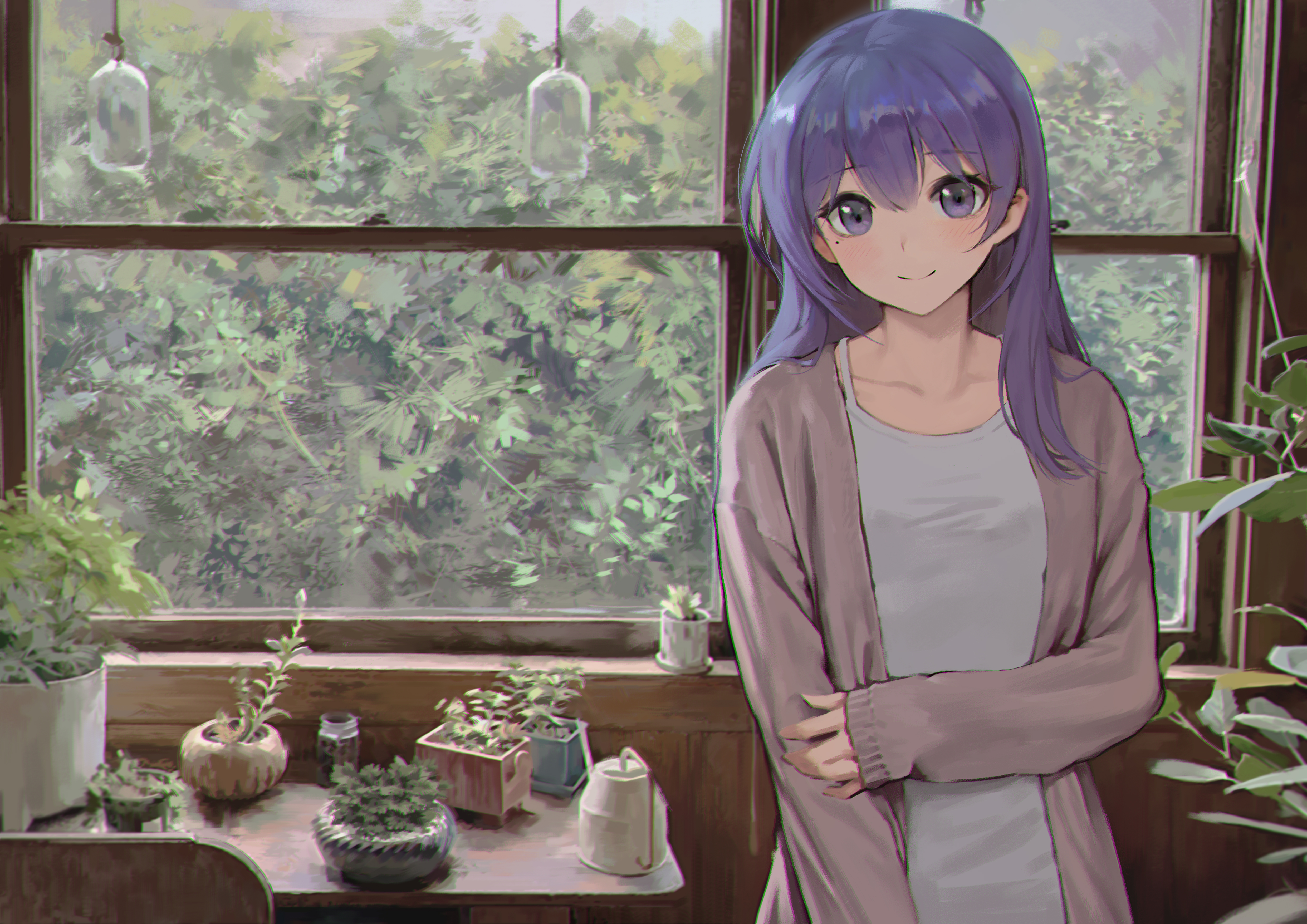 精选紫色头发 微笑 动漫 女孩 紫色眼睛 桌面壁纸 4961×3508
