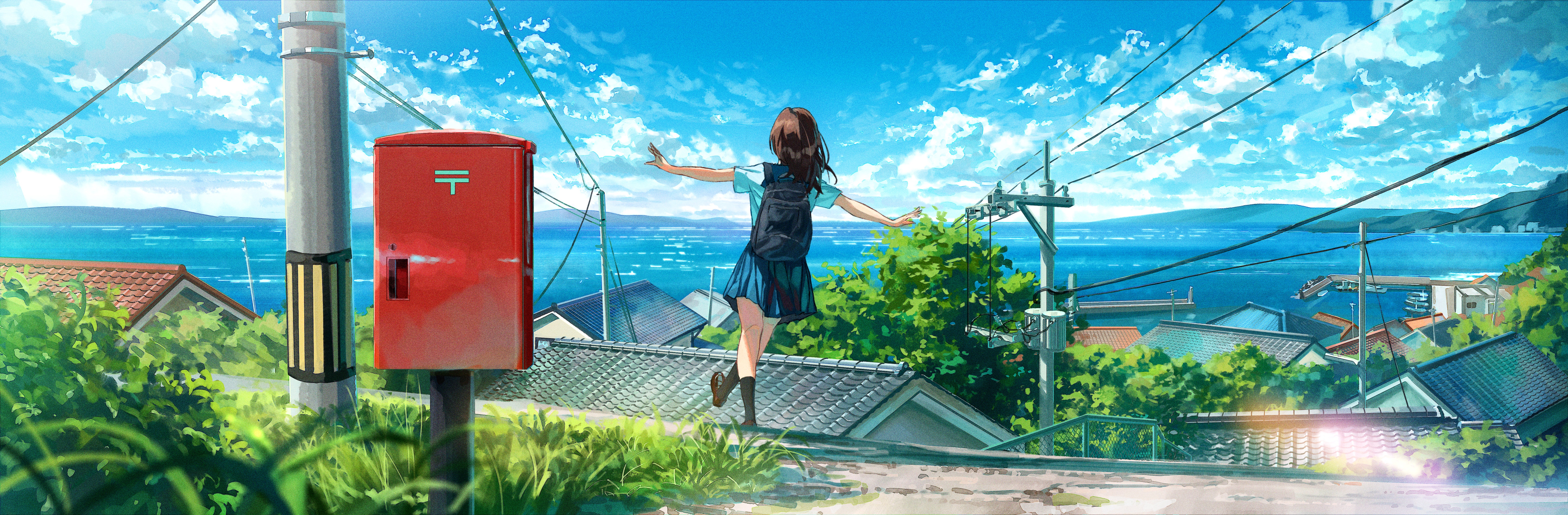 热门女学生 动漫 女孩 校服 云 水 天空 村庄 电线 草 高清壁纸 6741×2213