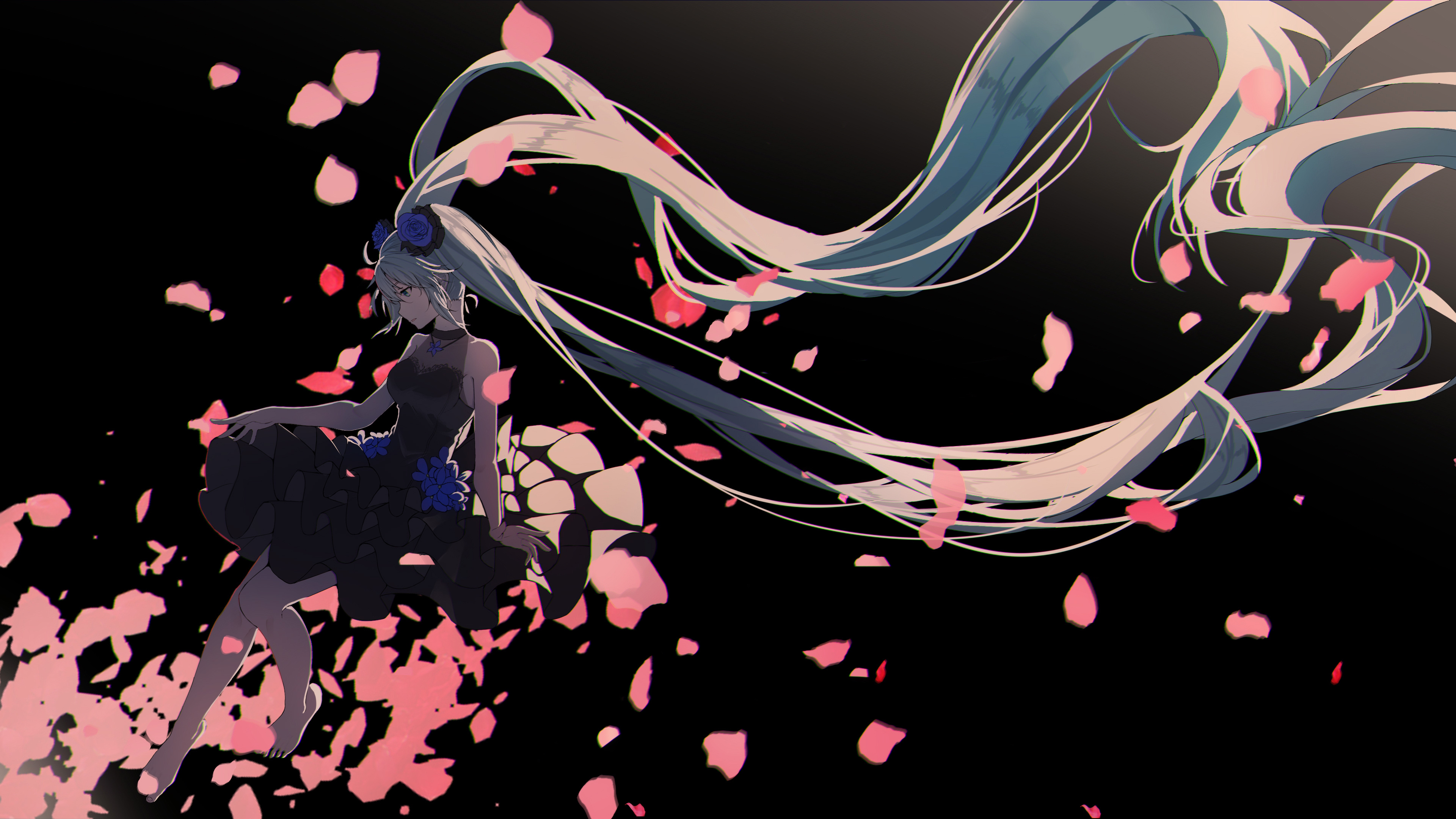 绝美蓝头发 蓝眼睛 动漫 女孩 双尾 花瓣 小提琴 桌面壁纸 3840×2160