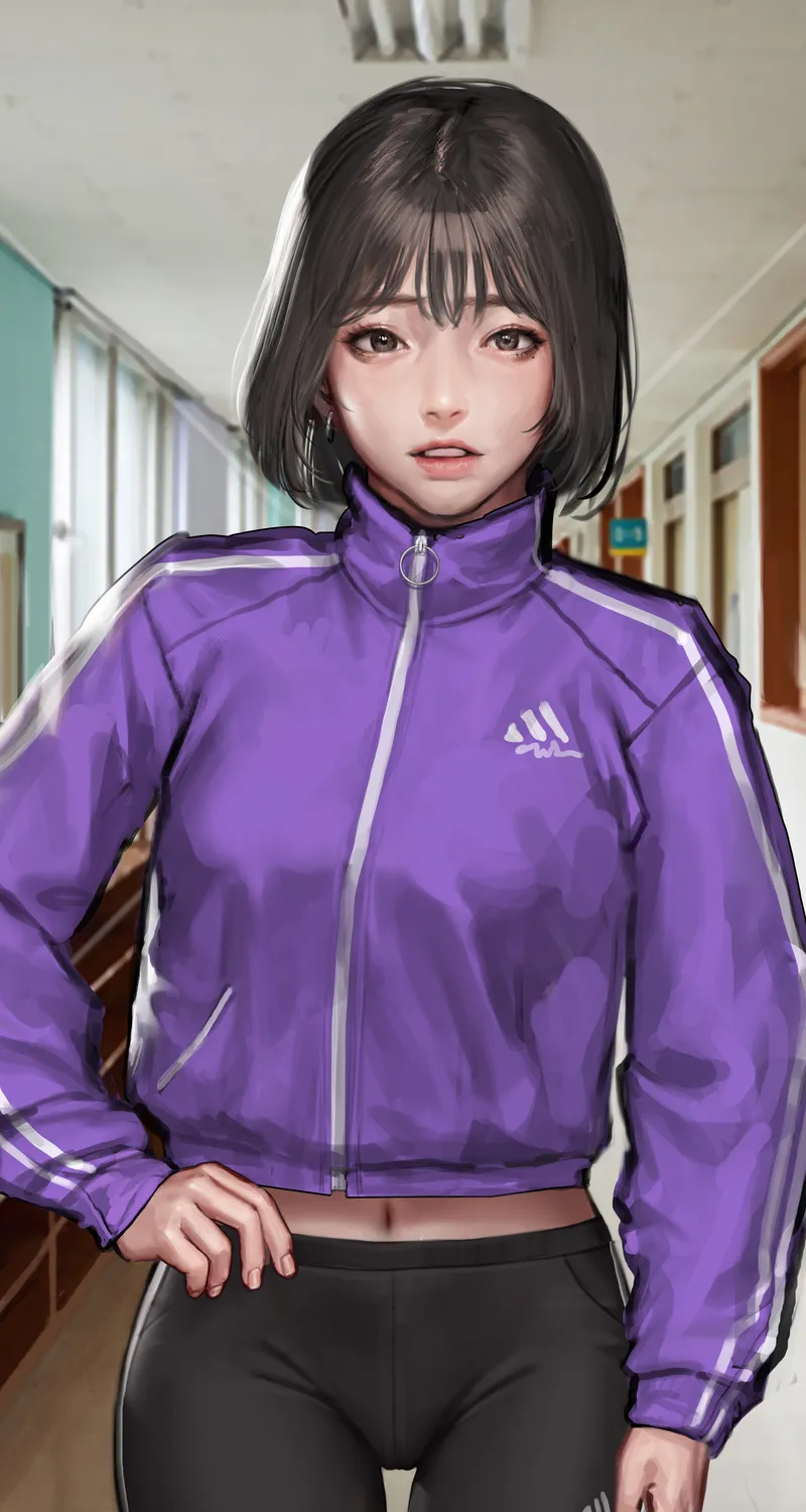 热门原创 人物 深色 绘图 运动服 运动衫 紧身裤 走廊 手机 高清壁纸 5000×6047