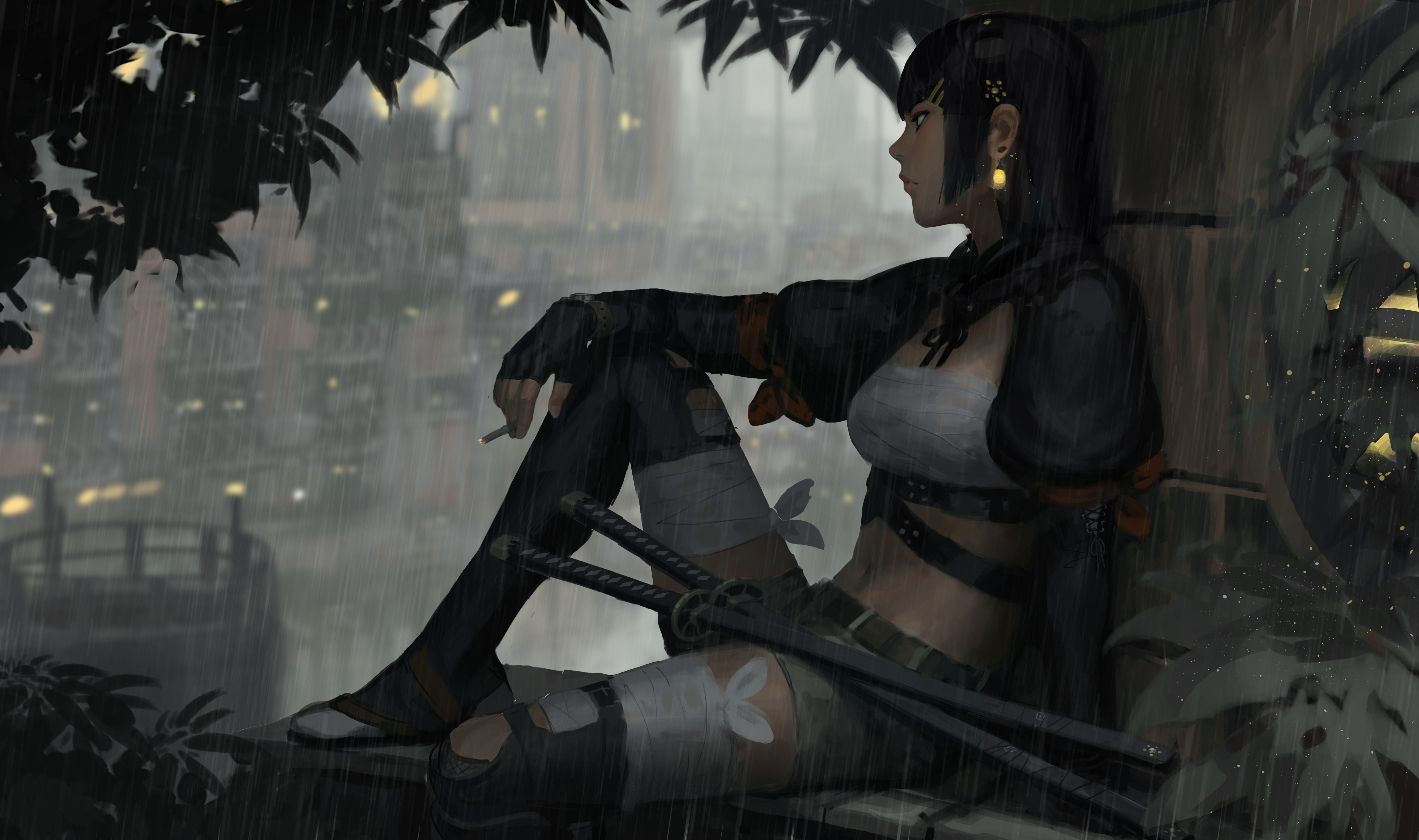 热门原创 人物 女人 虚构人物 奇幻 女孩 素描 雨 香烟 概念艺术 高清壁纸 6699×3966