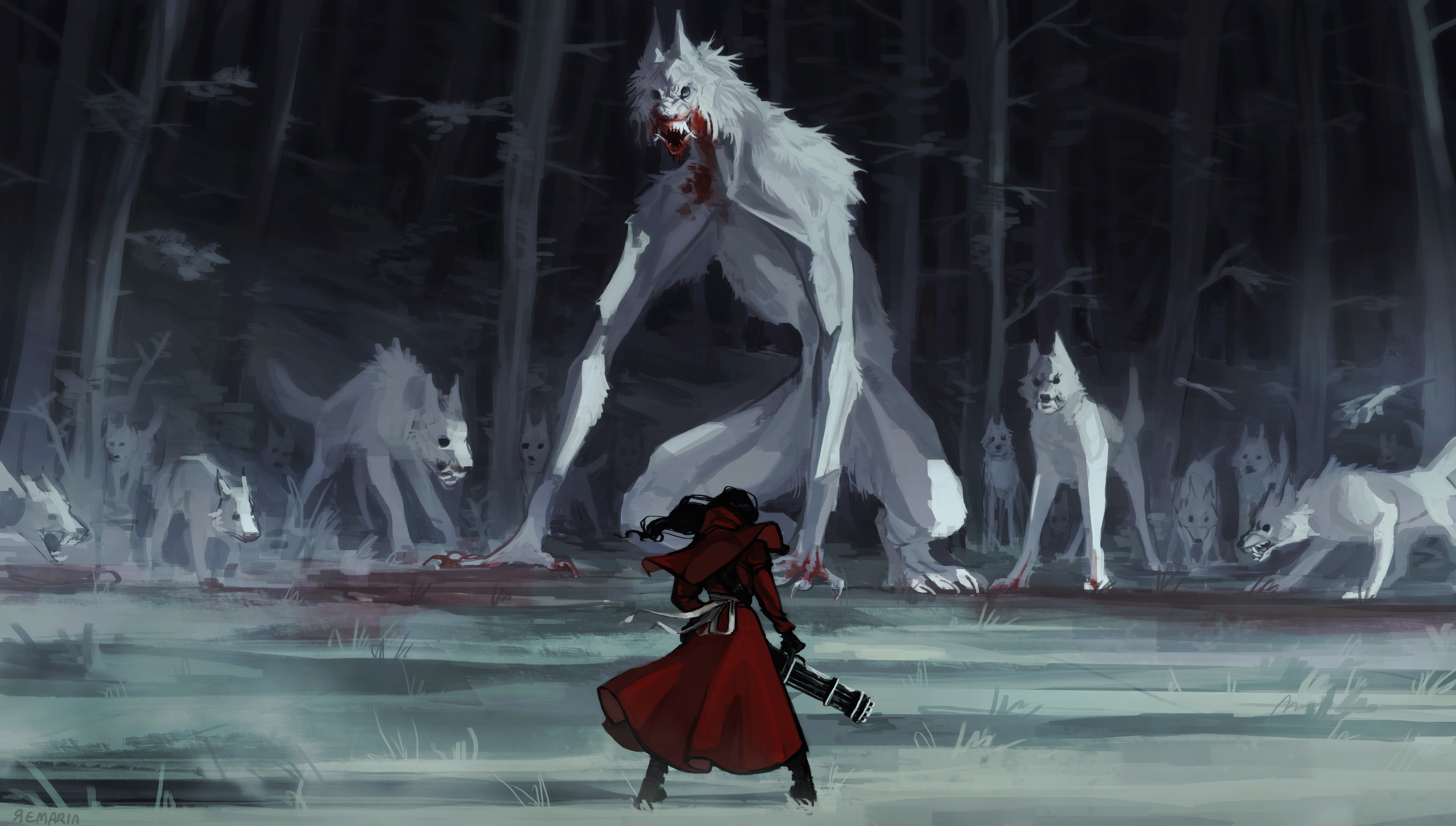 超清小红帽 AI艺术 奇幻 艺术 狼 生物 武器 无水印壁纸 6278×3560