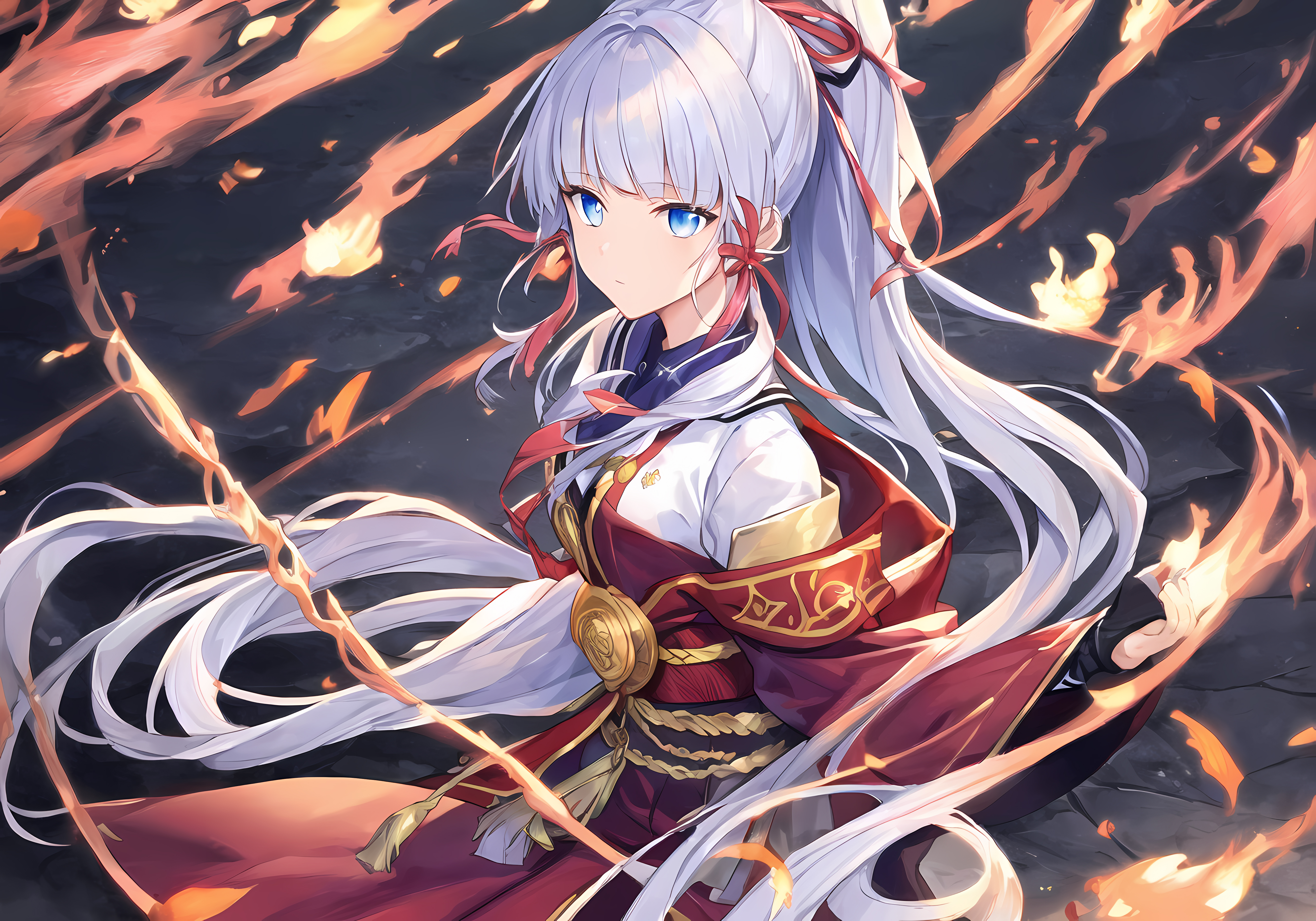 蓝头发 蓝眼睛 马尾辫 动漫 女孩 原神 龟里亚卡 火 艺术 4K高清壁纸 5120×3584