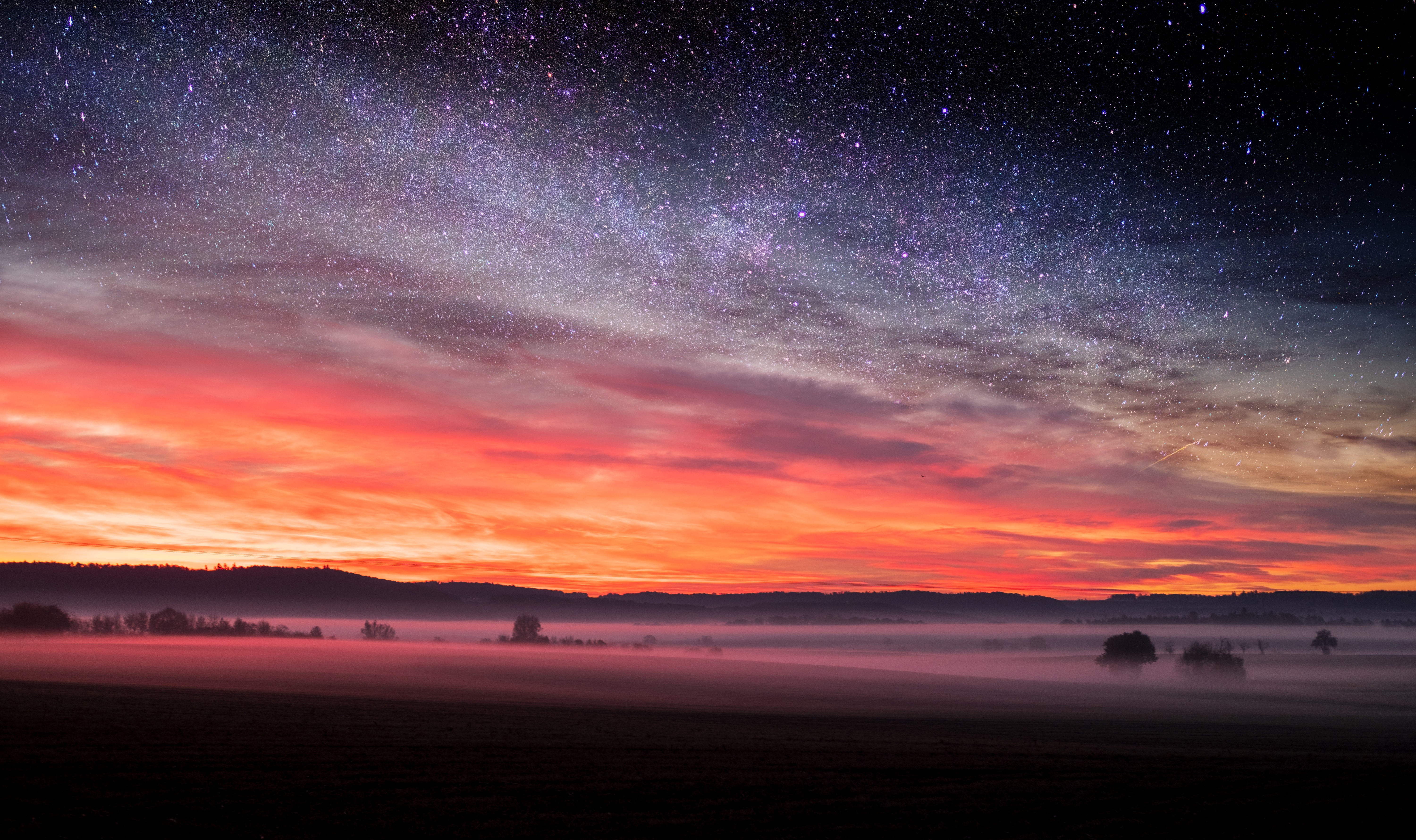 唯美自然 风景 日落 星夜 薄雾 照片处理 天空 星星 手机壁纸 6000×3560