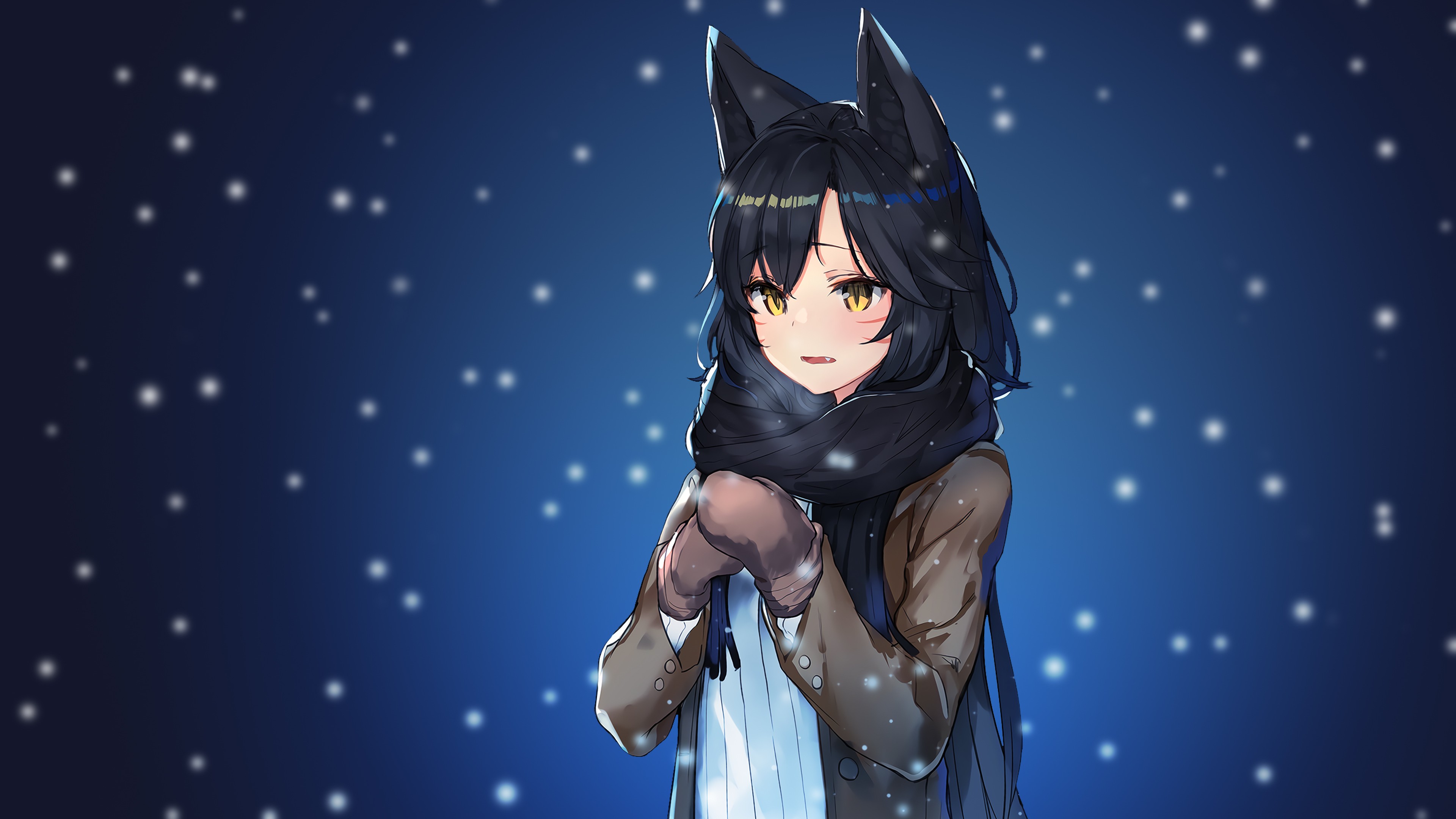 超清英雄联盟 长发 动漫 少女 雪 兽耳 黑发 黄眼睛 壁纸 3840×2160
