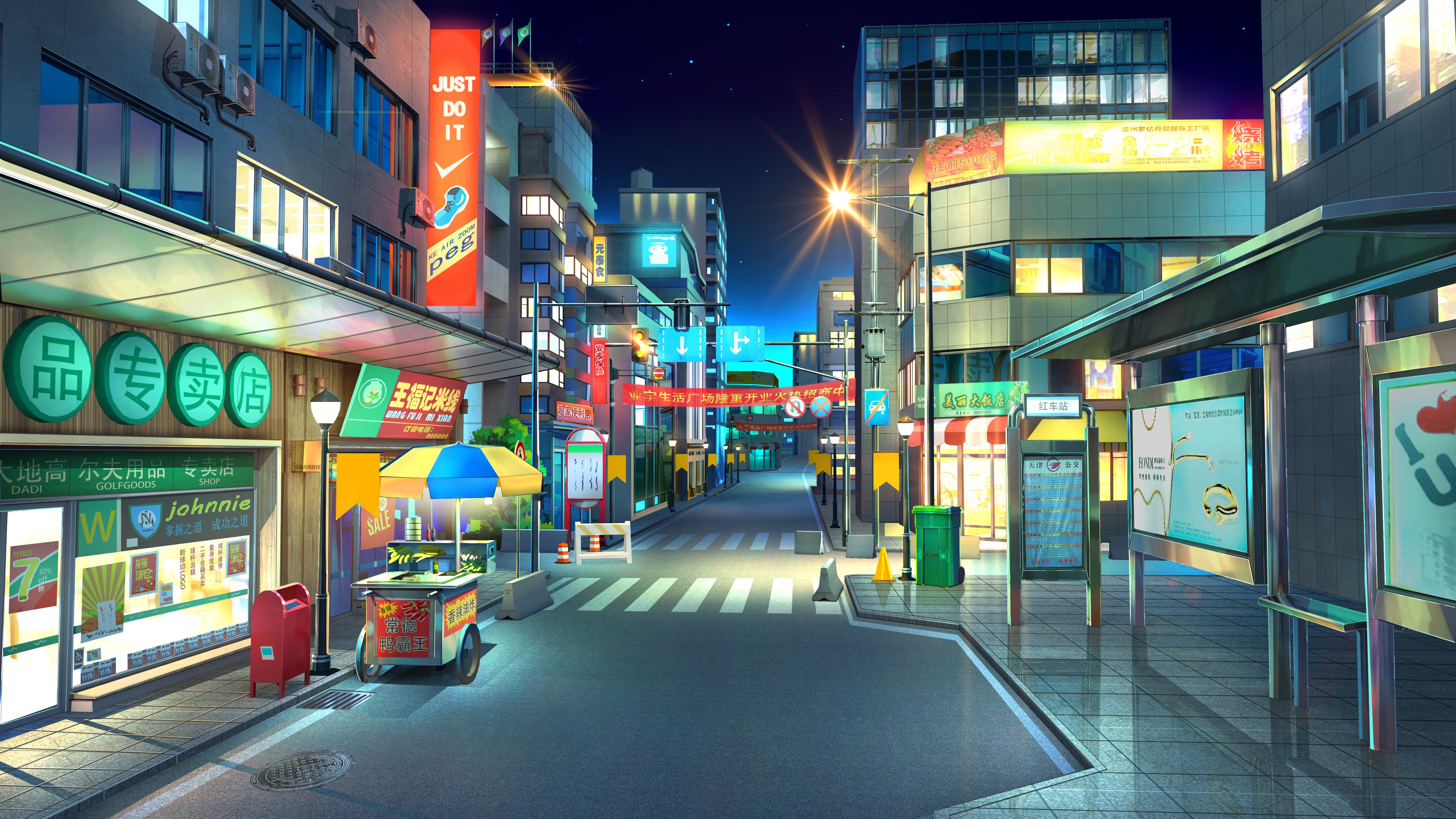 唯美AI艺术 街道 道路 建筑 商店 夜晚 壁纸 5000×2813