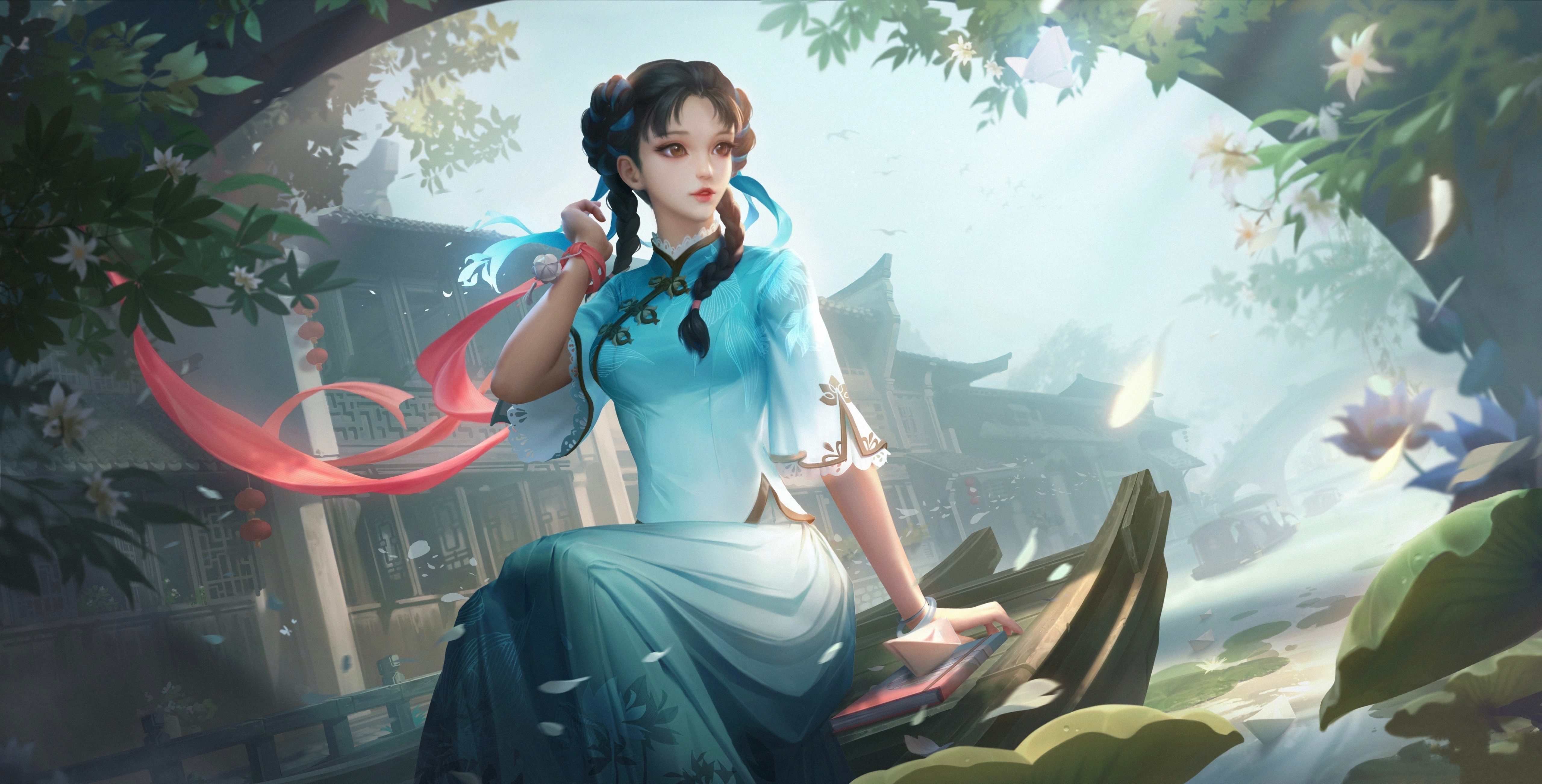 绝美动漫 女孩 插图 旗袍 桌面壁纸 5120×2604