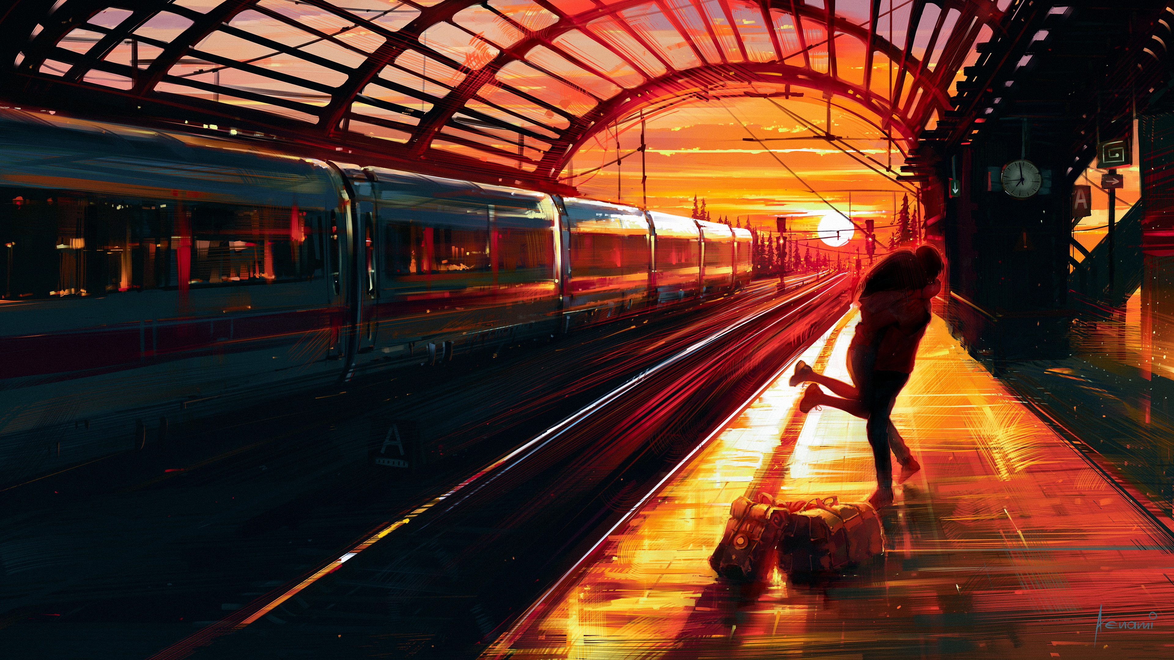 女人 火车站 夕阳 绘画 火车 4K高清壁纸 3840×2160