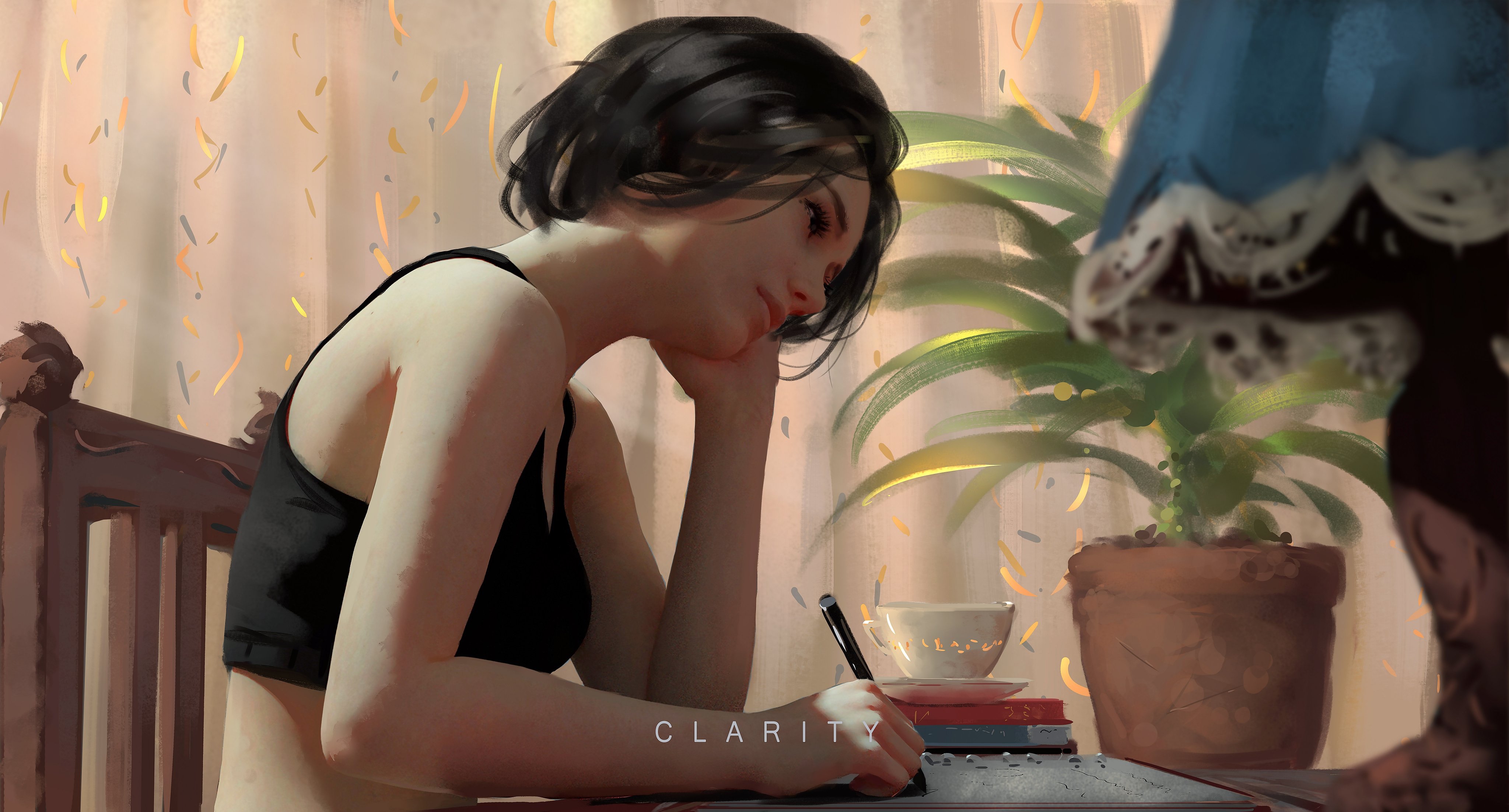 绚丽妇女 黑发 原创 人物 AI艺术 植物 露脐上衣 4K壁纸 4096×2205