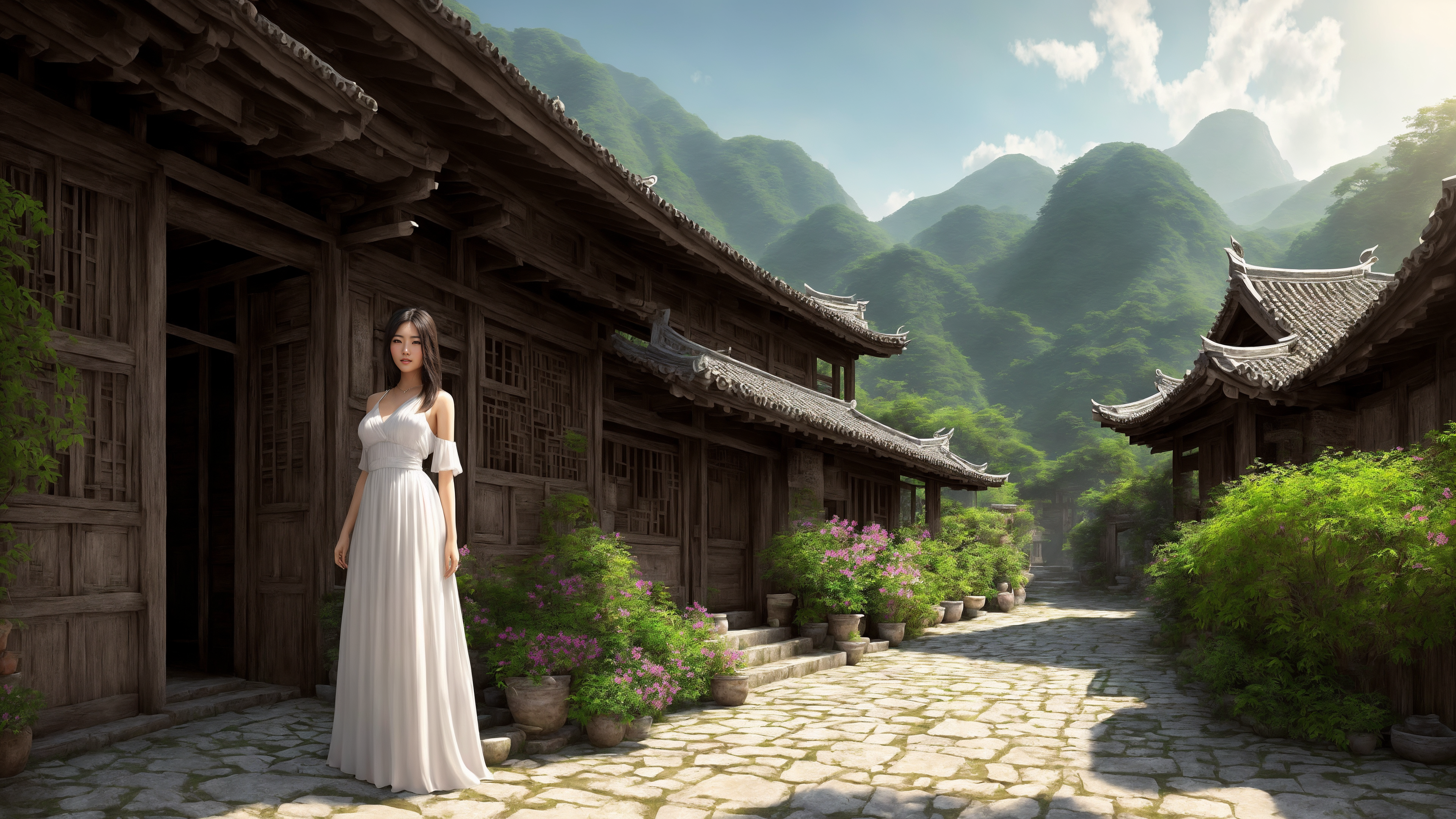绝美村庄 艺术 鲜花 山脉 白色连衣裙 无水印壁纸 3840×2160