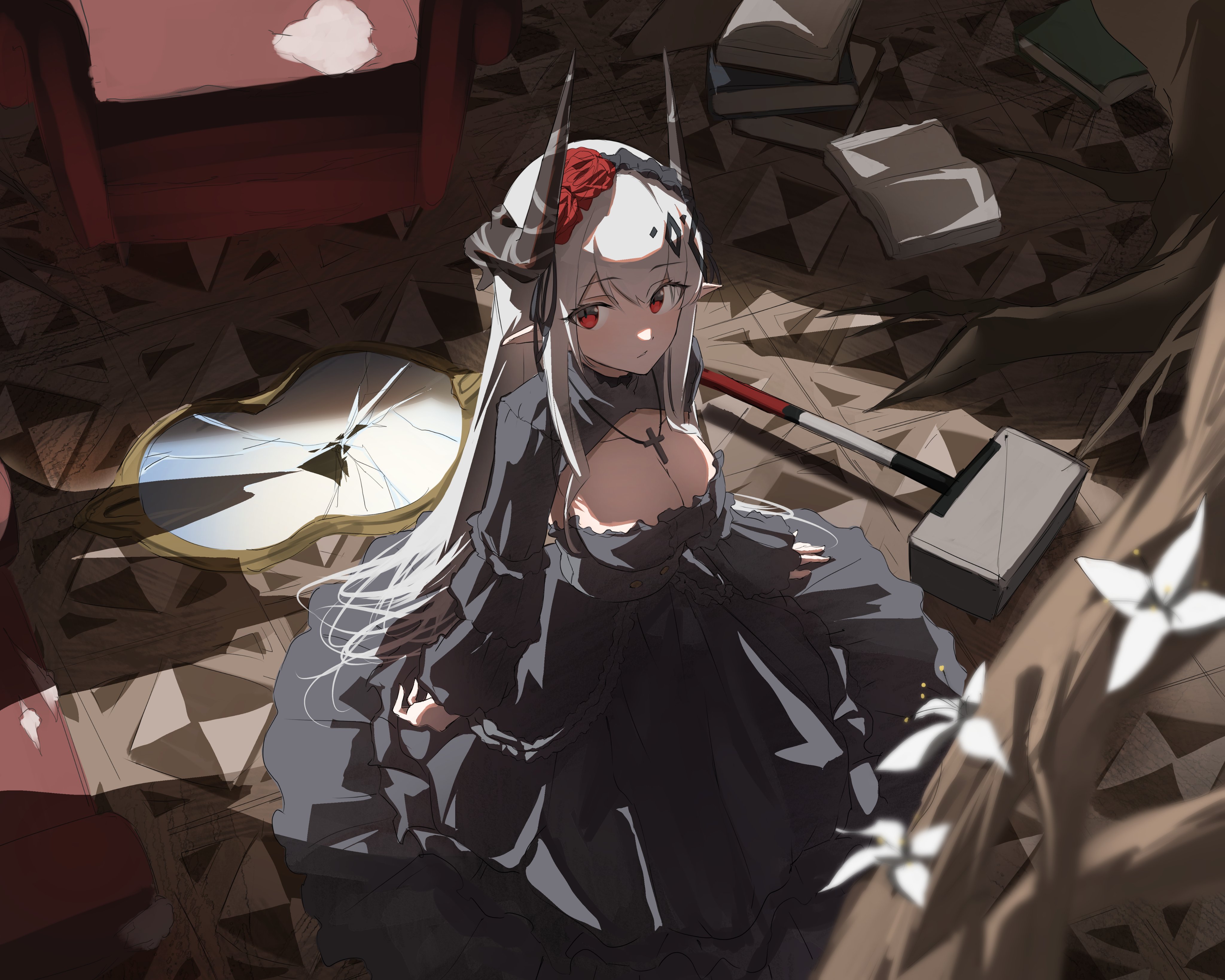 热门红眼睛 明日方舟 动漫 女孩 十字架 项链 兽耳 角 壁纸 4096×3277