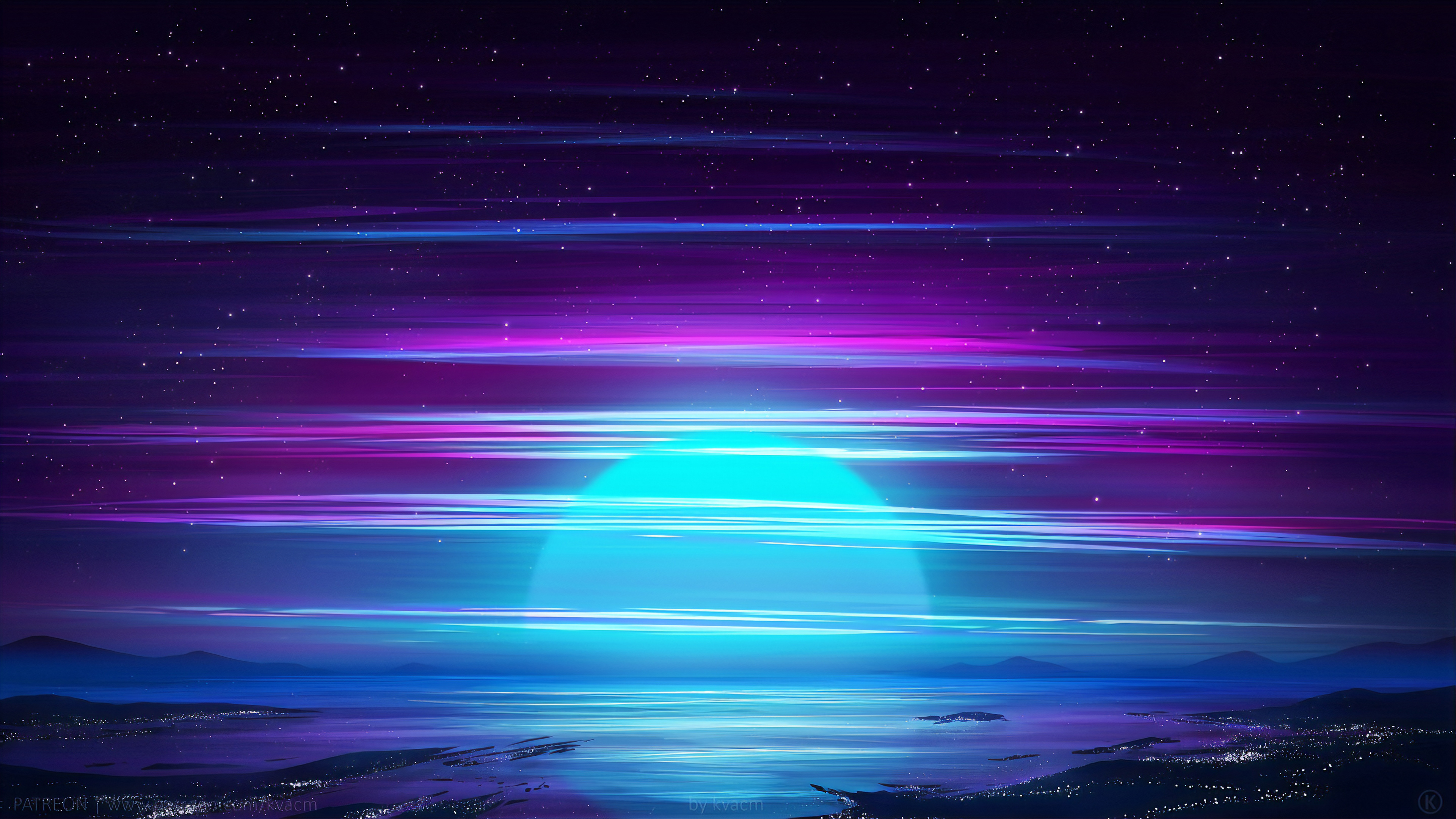 午夜 太阳 AI艺术 海洋 天空 星星 电影 沙漠 混搭 青色 紫色 壁纸 3840×2160