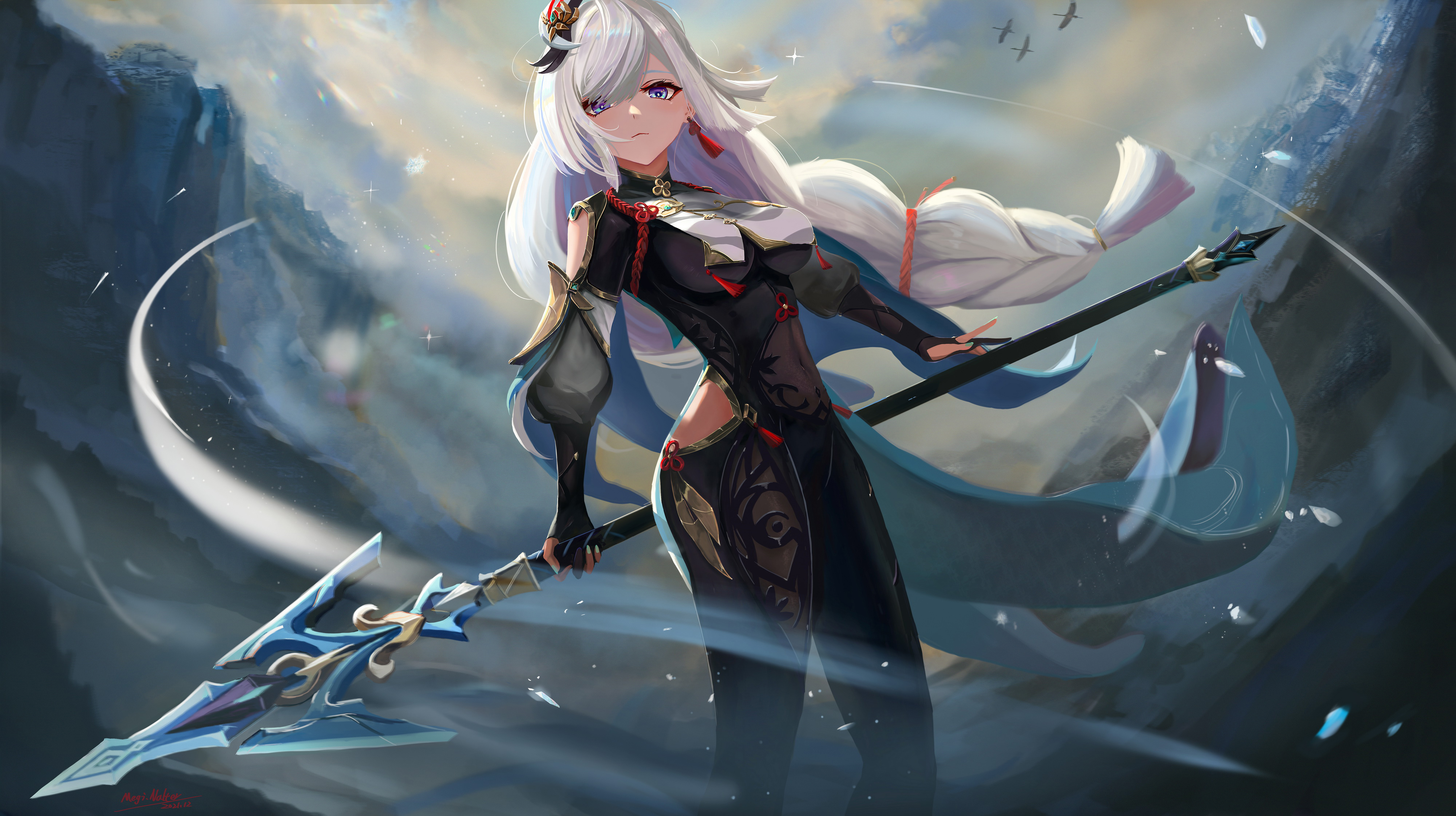 原神 动漫 女孩 长枪 山崖 战士 女战士 4K壁纸 4000×2242