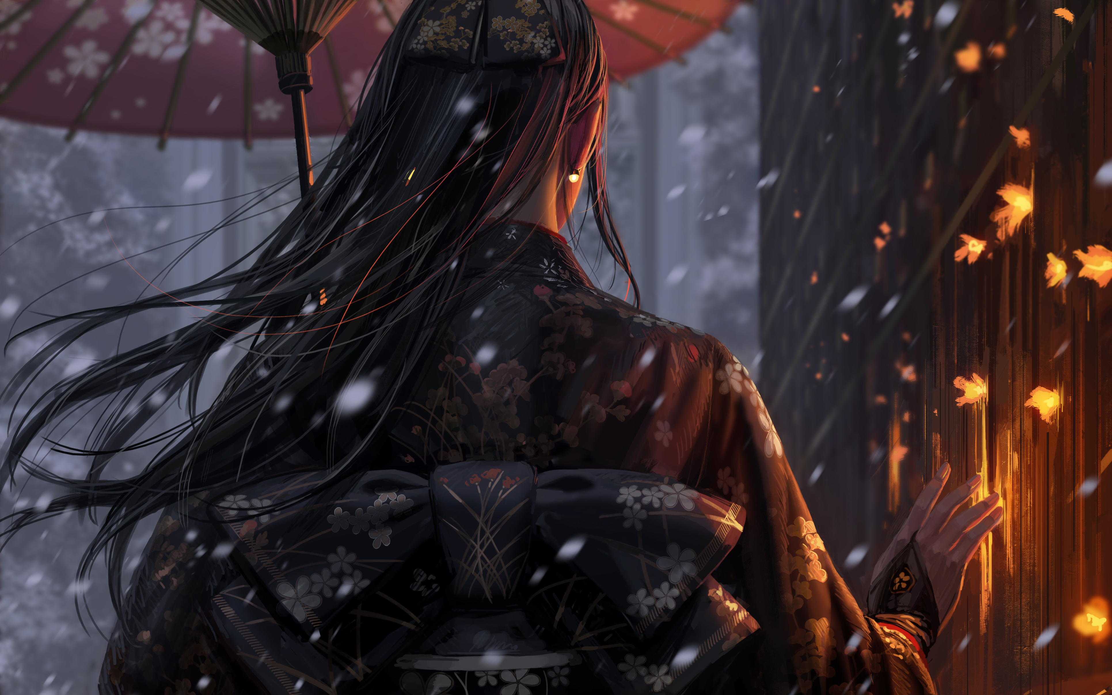 女人 原创人物 长发 和服 图片 绘画 后面 伞 雪 火 幻想艺术 壁纸 3863×2415