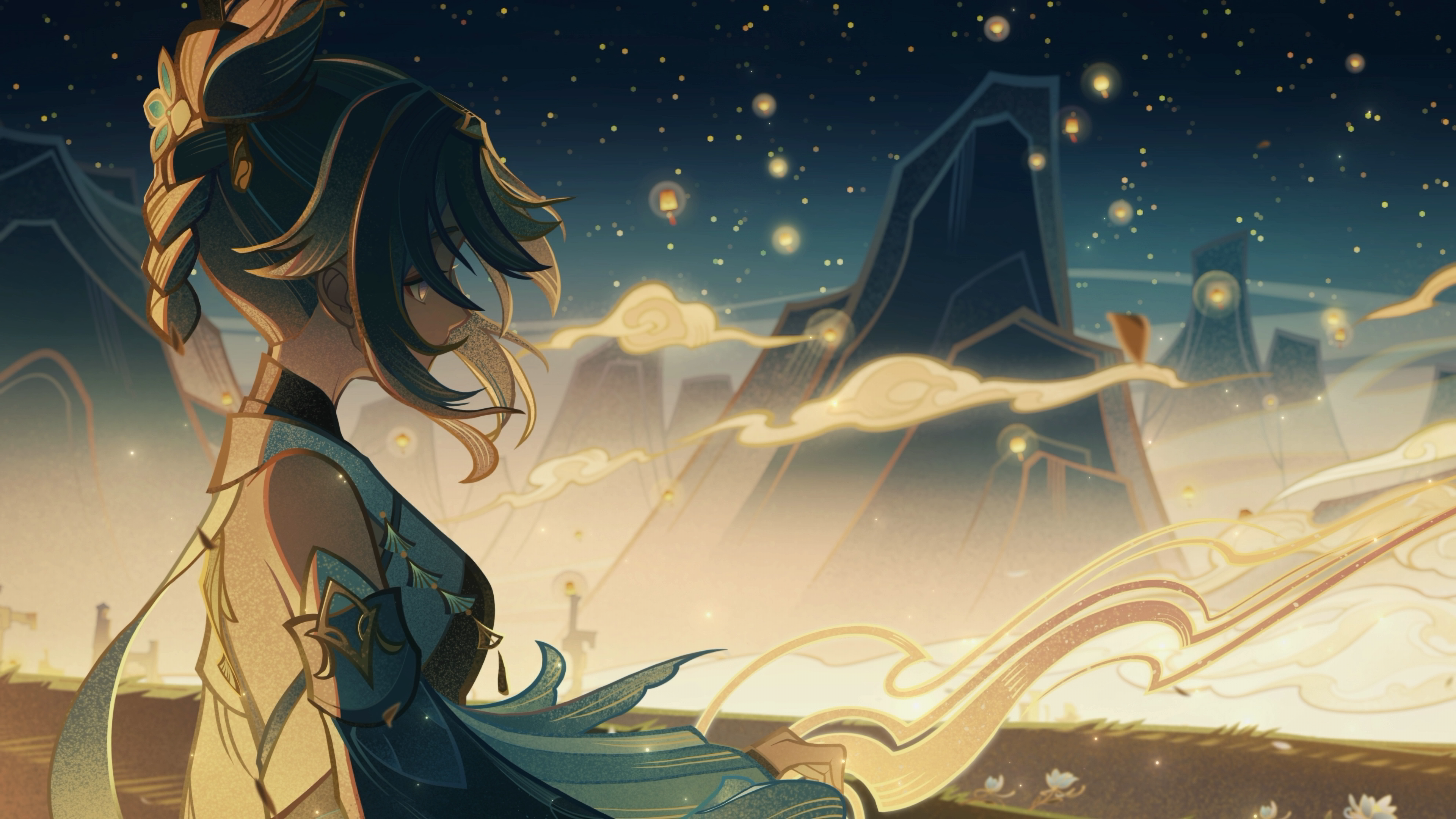 热门原神 动漫 女孩 屏幕截图 平夫人 汉服 古风 灯笼 高清壁纸 3840×2160