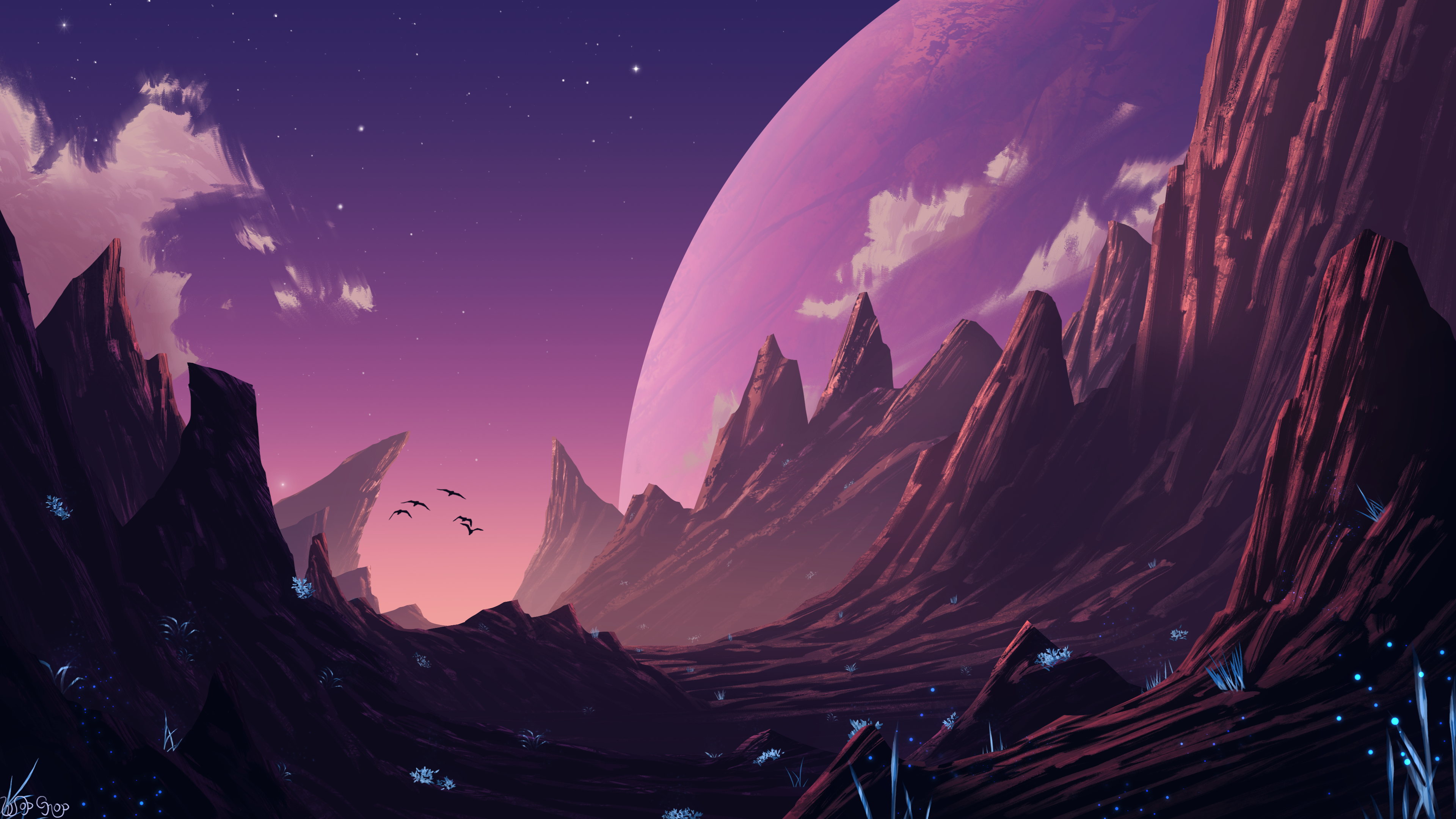 AI艺术 插图 风景 自然 行星 岩石 构造 鸟类 星星 山脉 生物发光 森林 壁纸 3840×2160