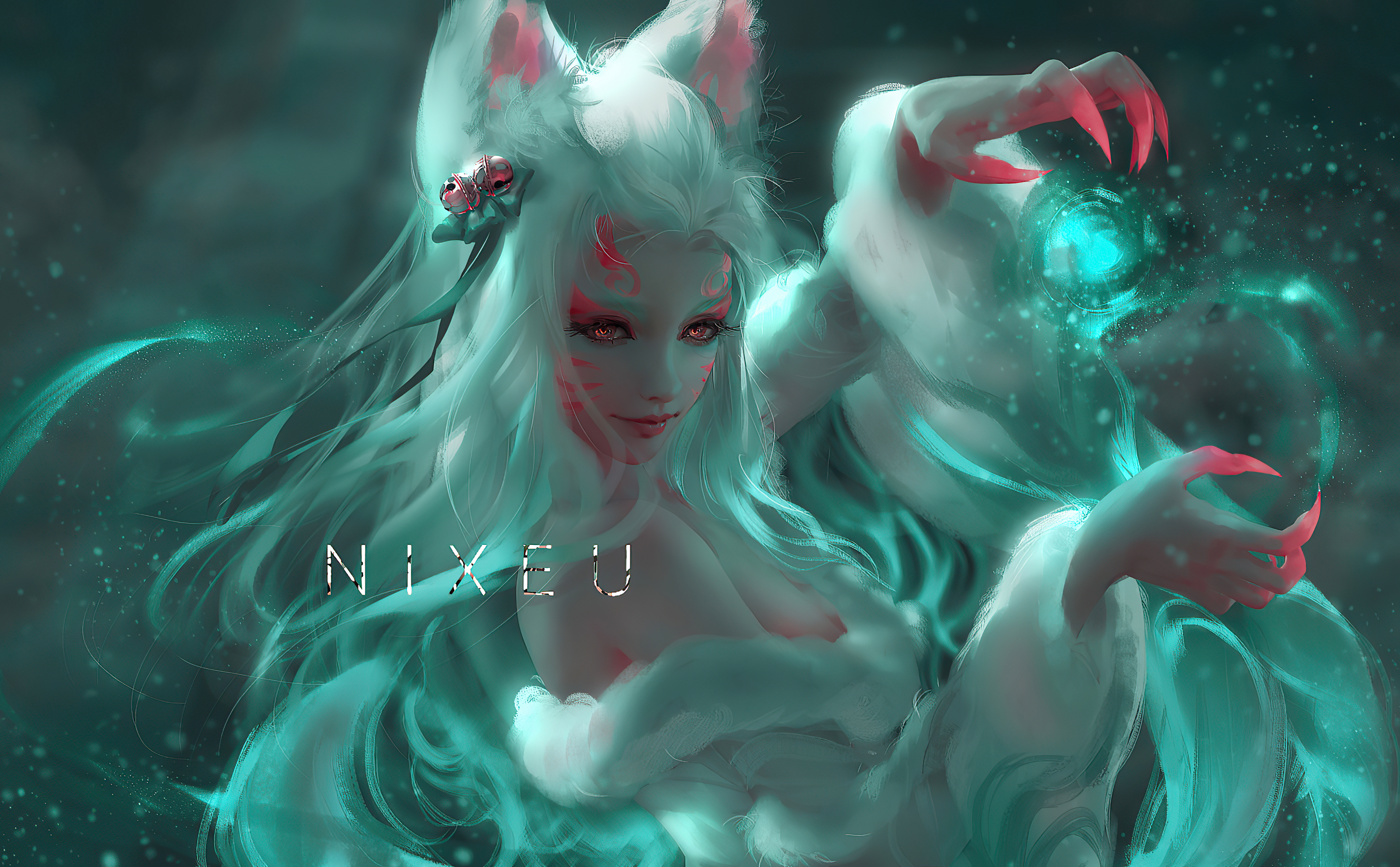 绝美狐狸耳朵 狐耳 白发 奇幻艺术 狐狸女孩 狐女 手机壁纸 3840×2378