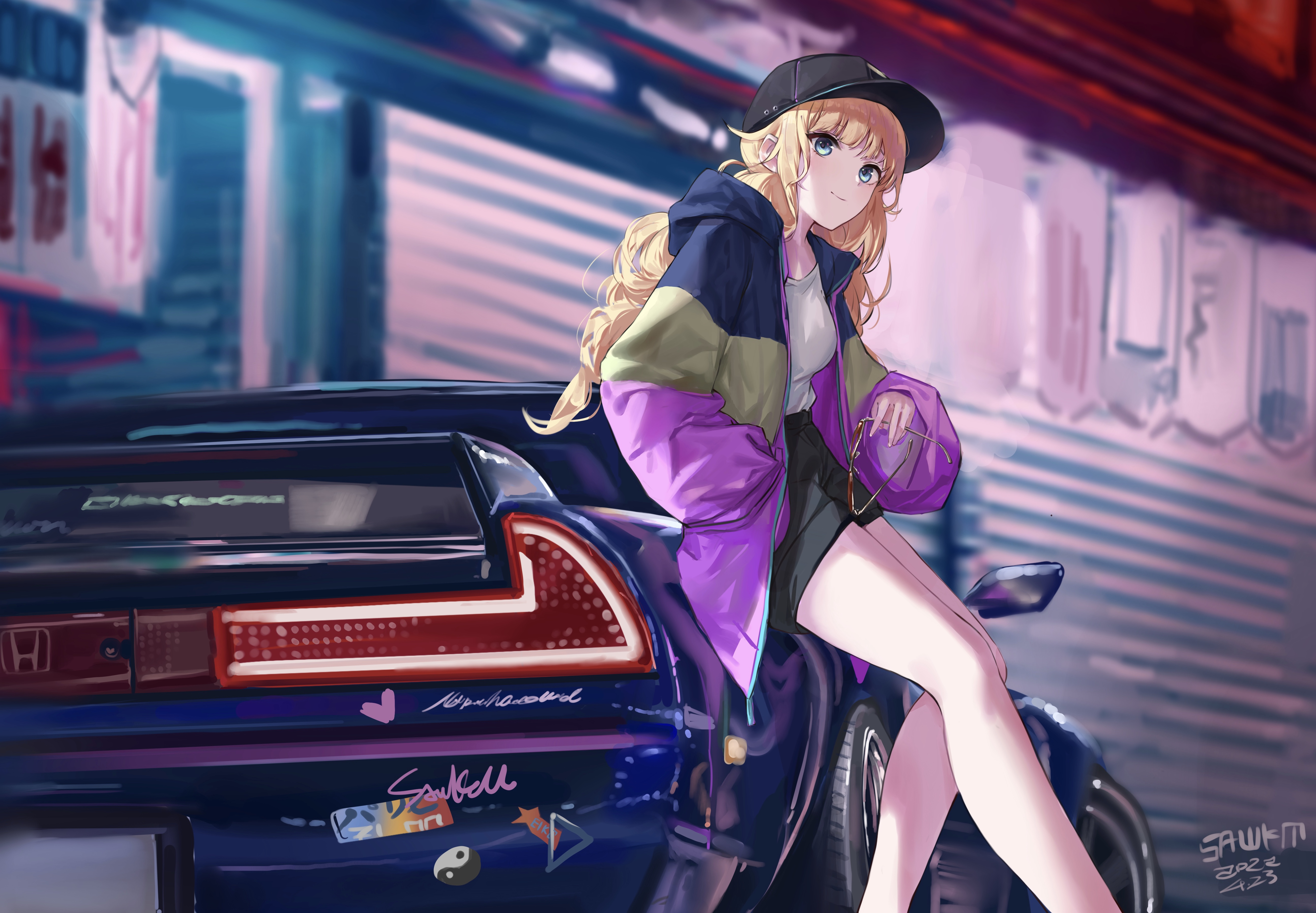 长发 蓝眼睛 金发 汽车 动漫 女孩 帽子 眼镜 尾灯 壁纸 5174×3591