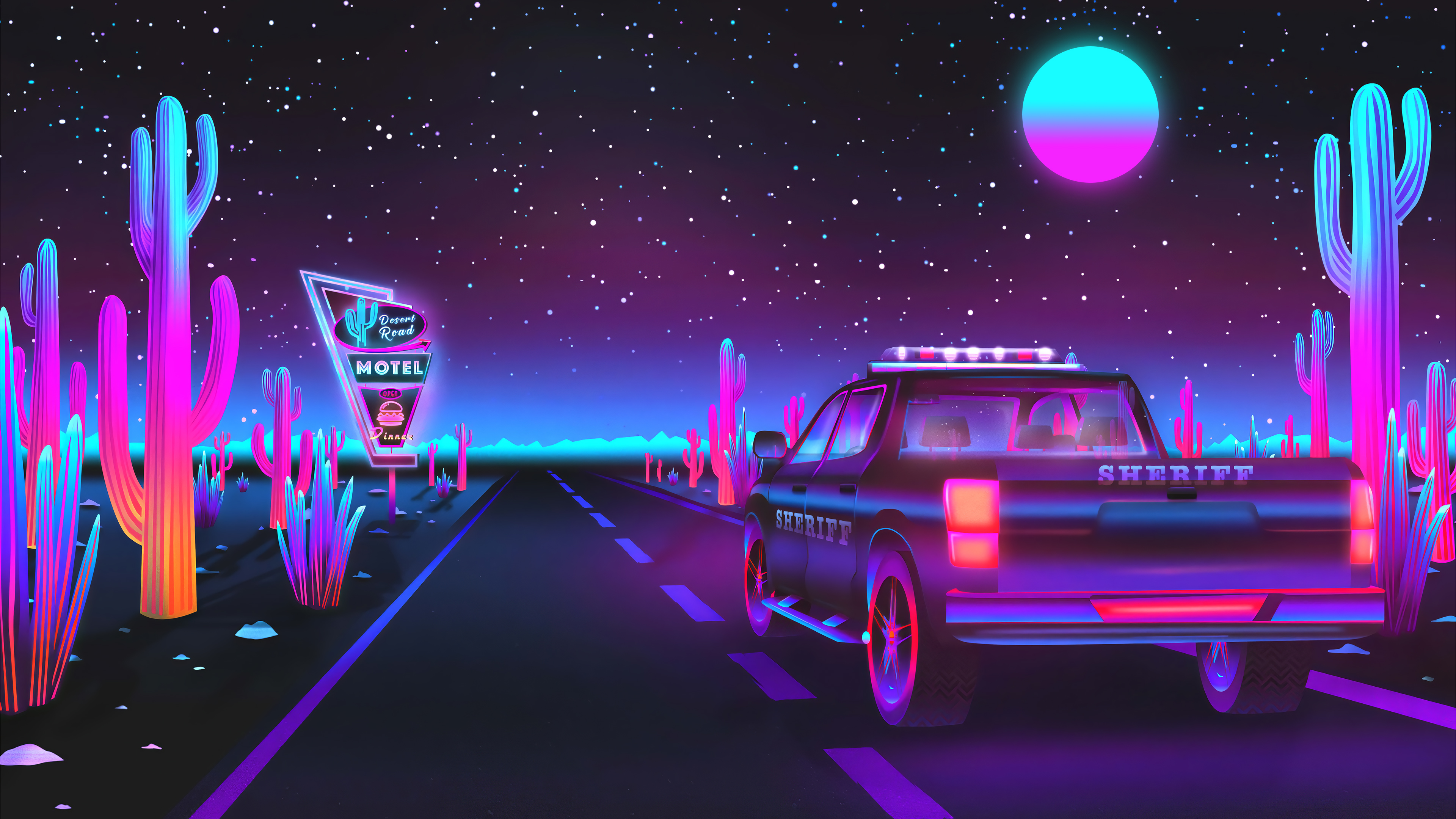 绚丽数码艺术 插图 霓虹灯 灯光 夜晚 夜空 天空 风景 自然 沙漠 星星 车辆 道路 霓虹 招牌 汽车旅馆 黑暗 月亮 月光 仙人掌 五颜六色 发光 紫色 4K壁纸 3840×2160