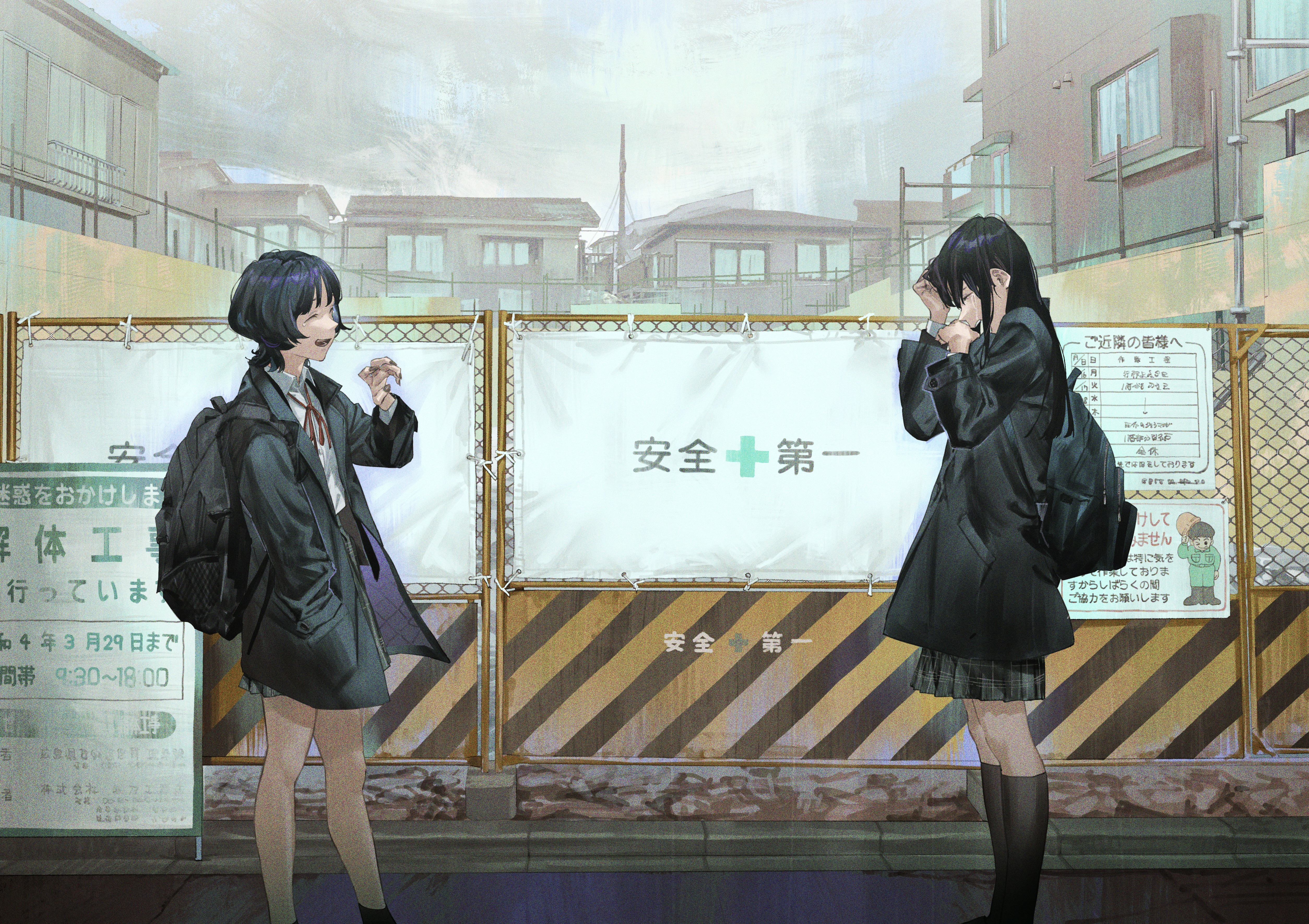 热门眼泪 站着 女学生 短发 动漫 女孩 栅栏 裙子 校服 建筑 哭泣 背包 天空 云 高清壁纸 5016×3541