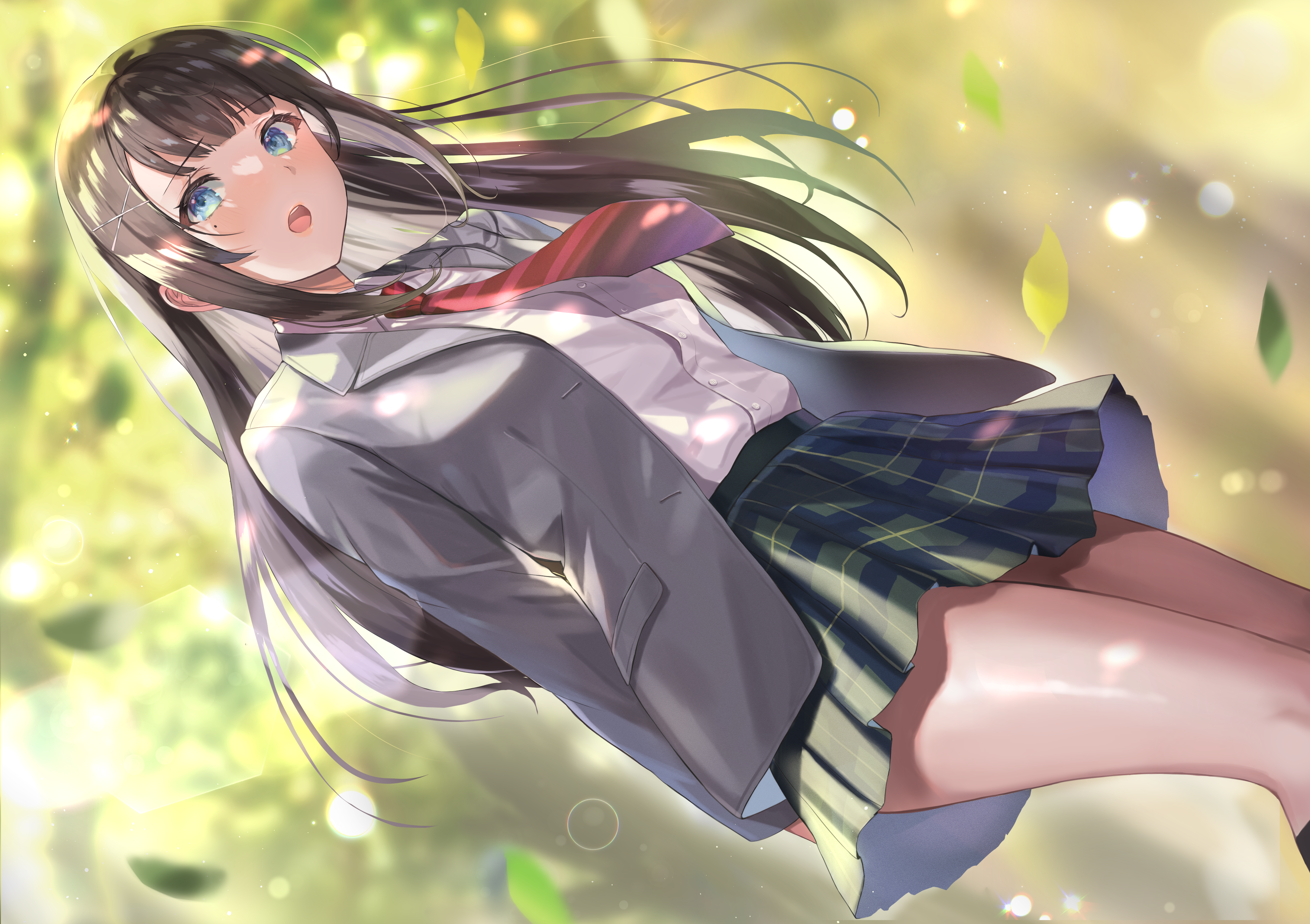 腿 长发 深色头发 蓝眼睛 裙子 动漫 女孩 校服 4K高清壁纸 4336×3060