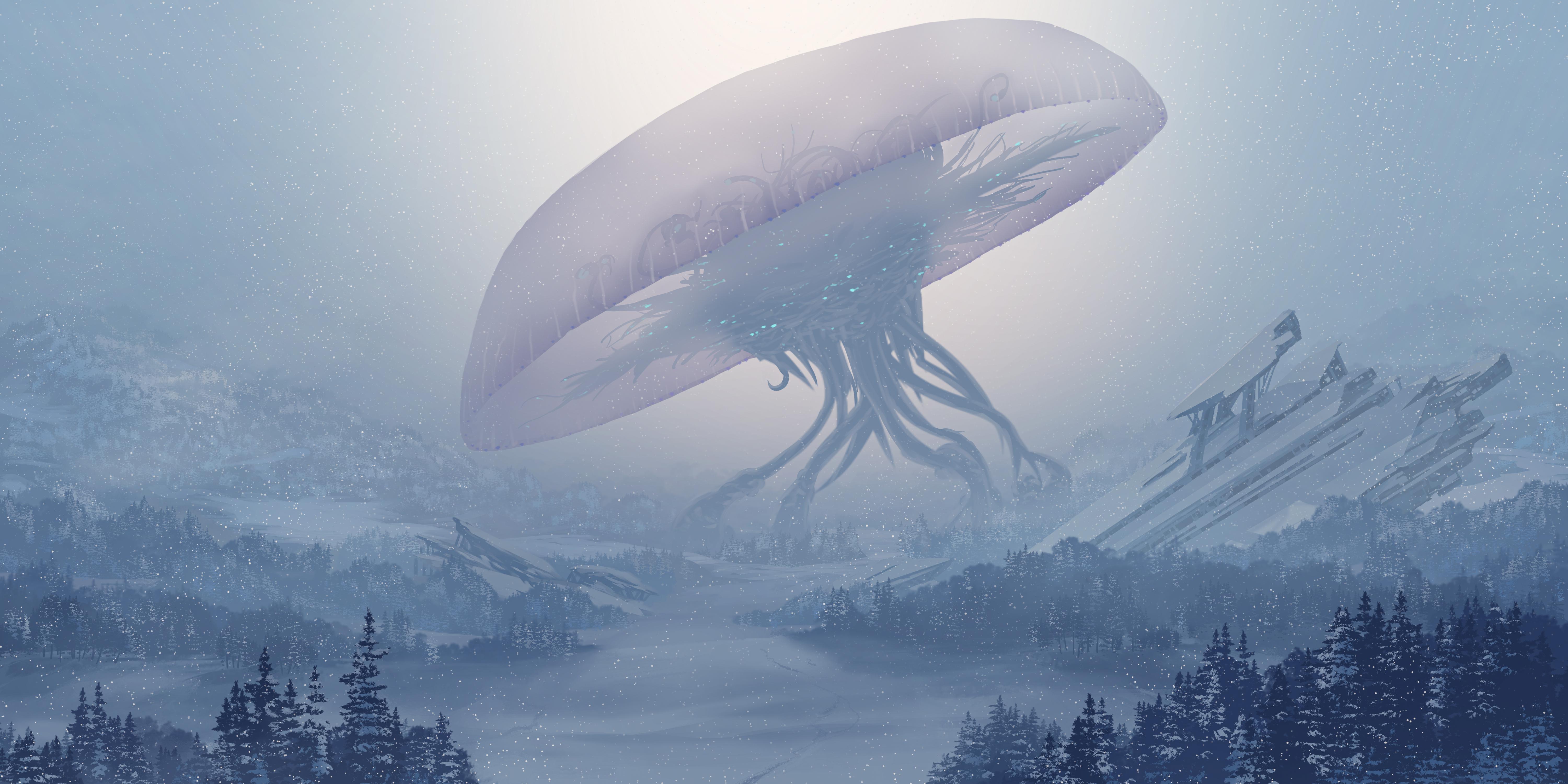 热门冬季 森林 雪 外星人 入侵 AI艺术 高清壁纸 6000×3000