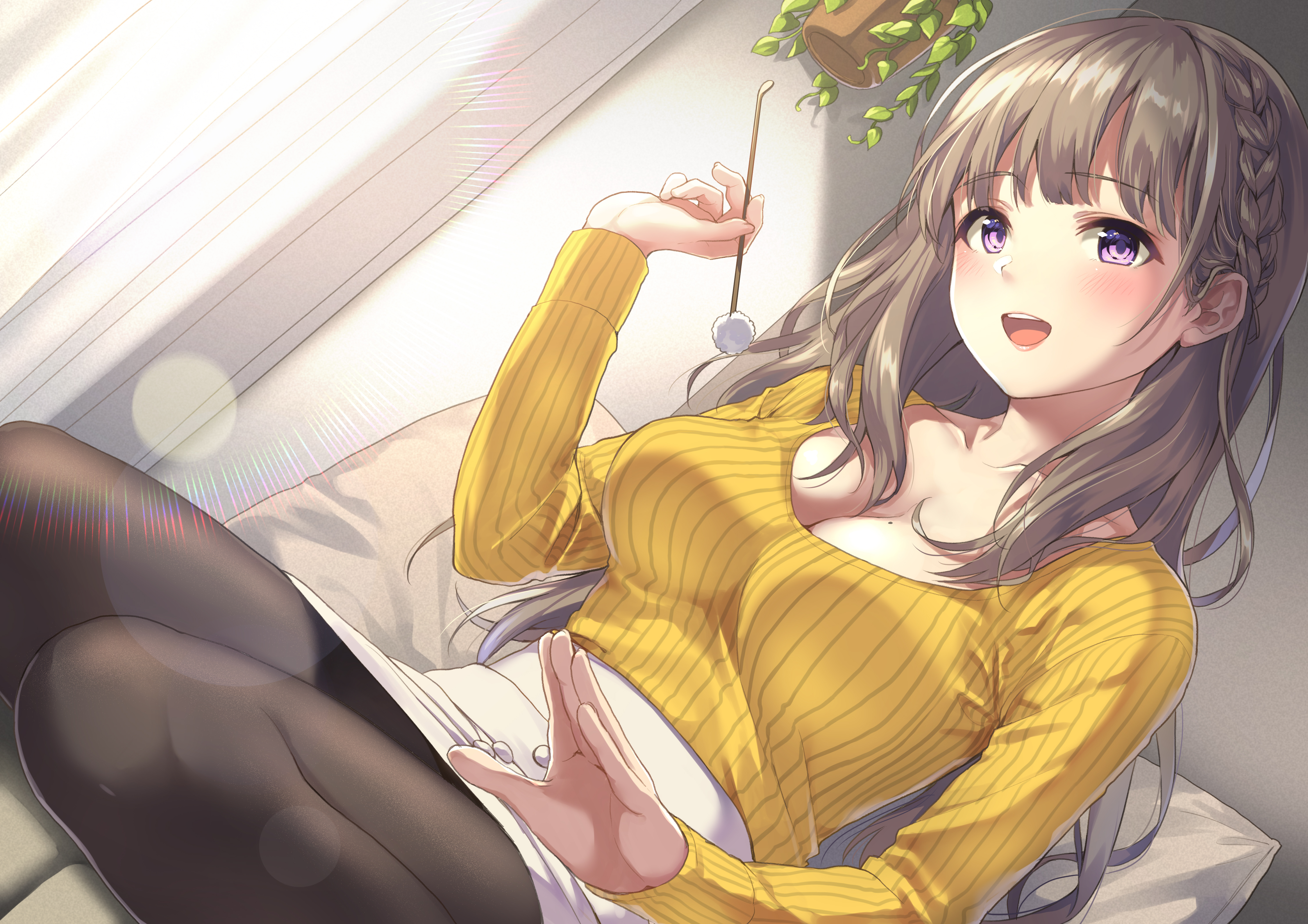 深色头发 银幕 动漫 女孩 连裤袜 迷你裙 毛衣 紫色眼睛 手机壁纸 4500×3182