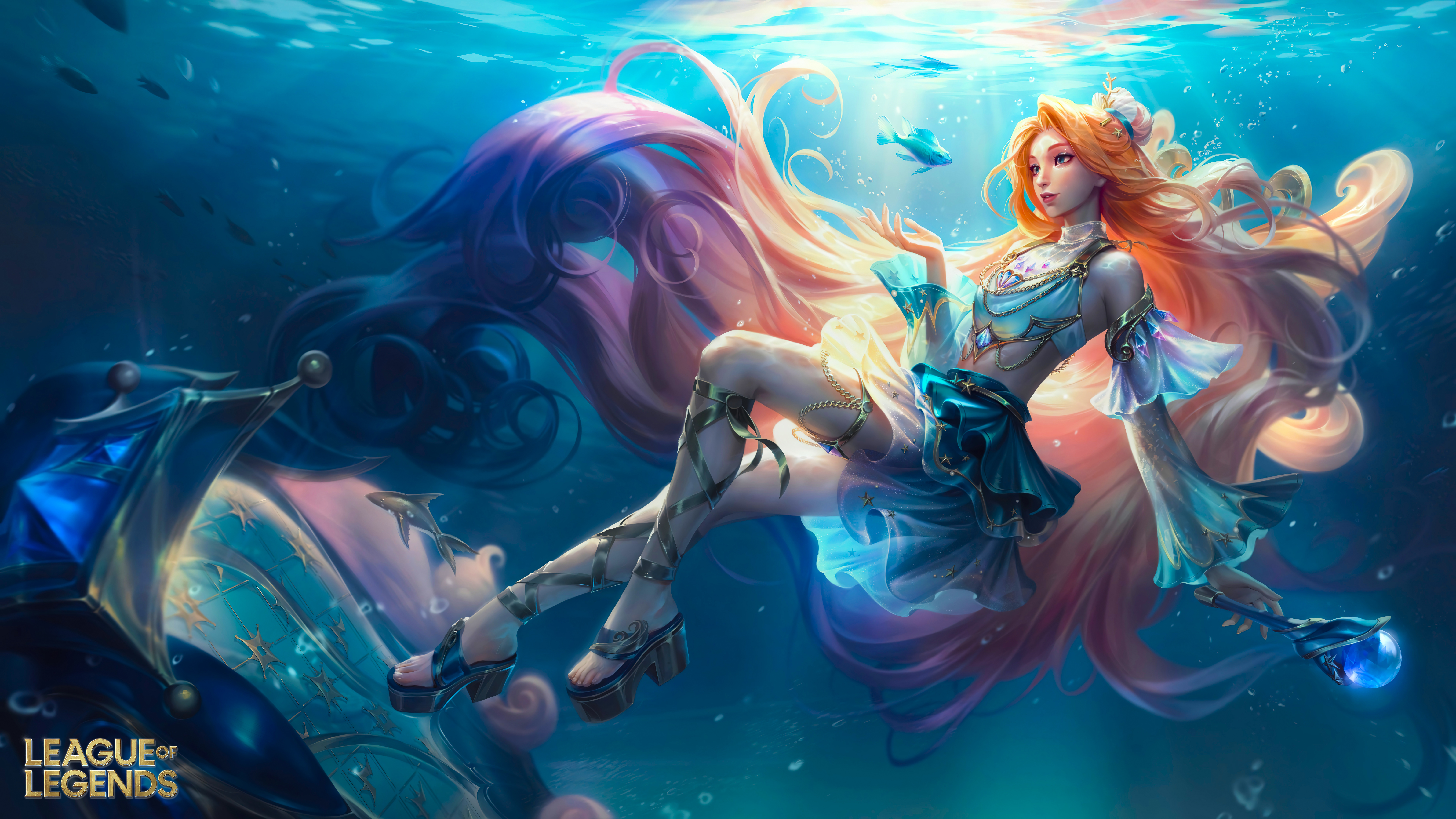绝美腿 幻想 女孩 游戏CG 角色 长发 红发 英雄联盟 AI艺术 幻想艺术 厚底鞋 裙子 青色服装 鱼 动物 水下 无水印壁纸 7680×4320
