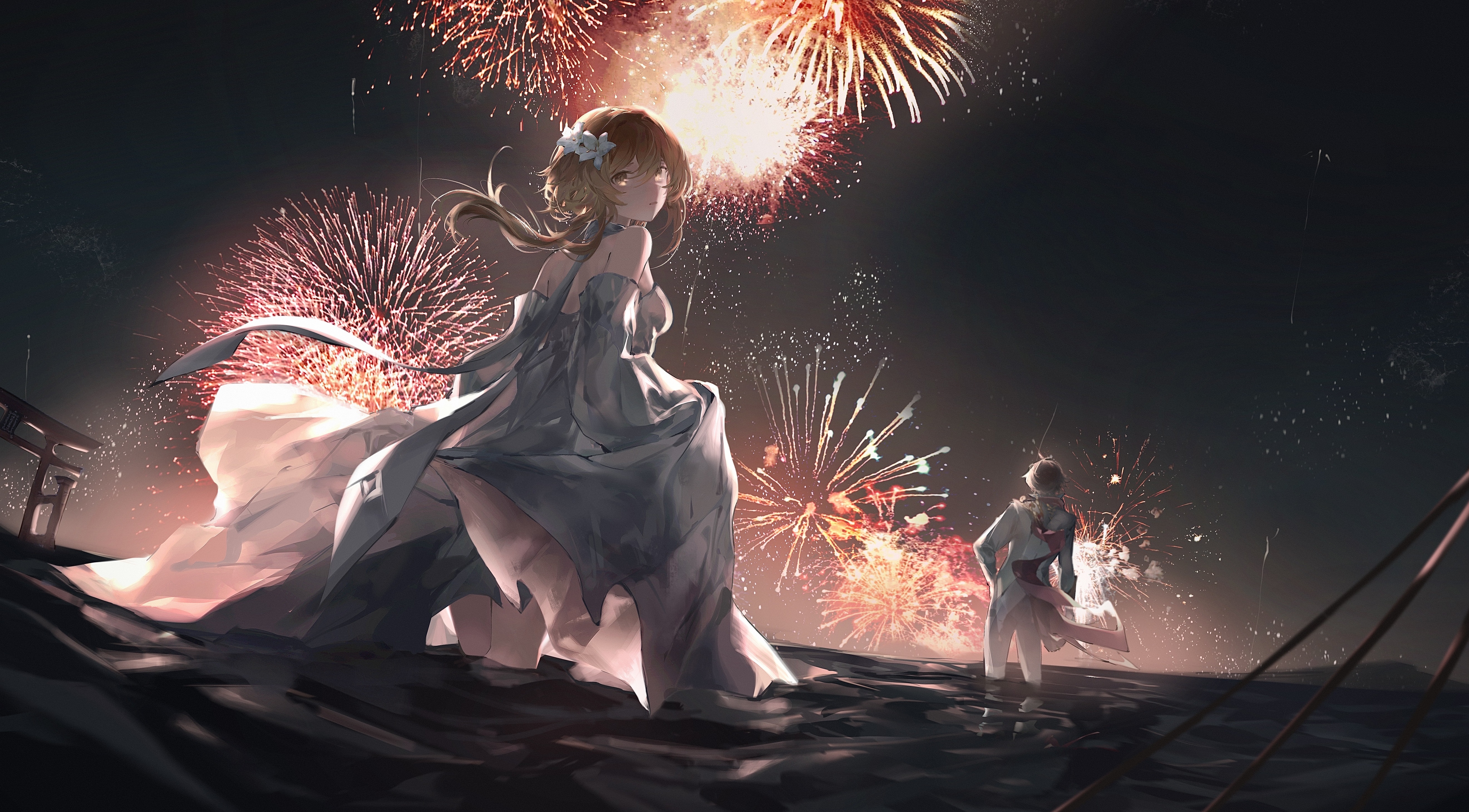 动漫 女孩 烟火 流明 原神 水 男孩 桌面壁纸 5280×2920