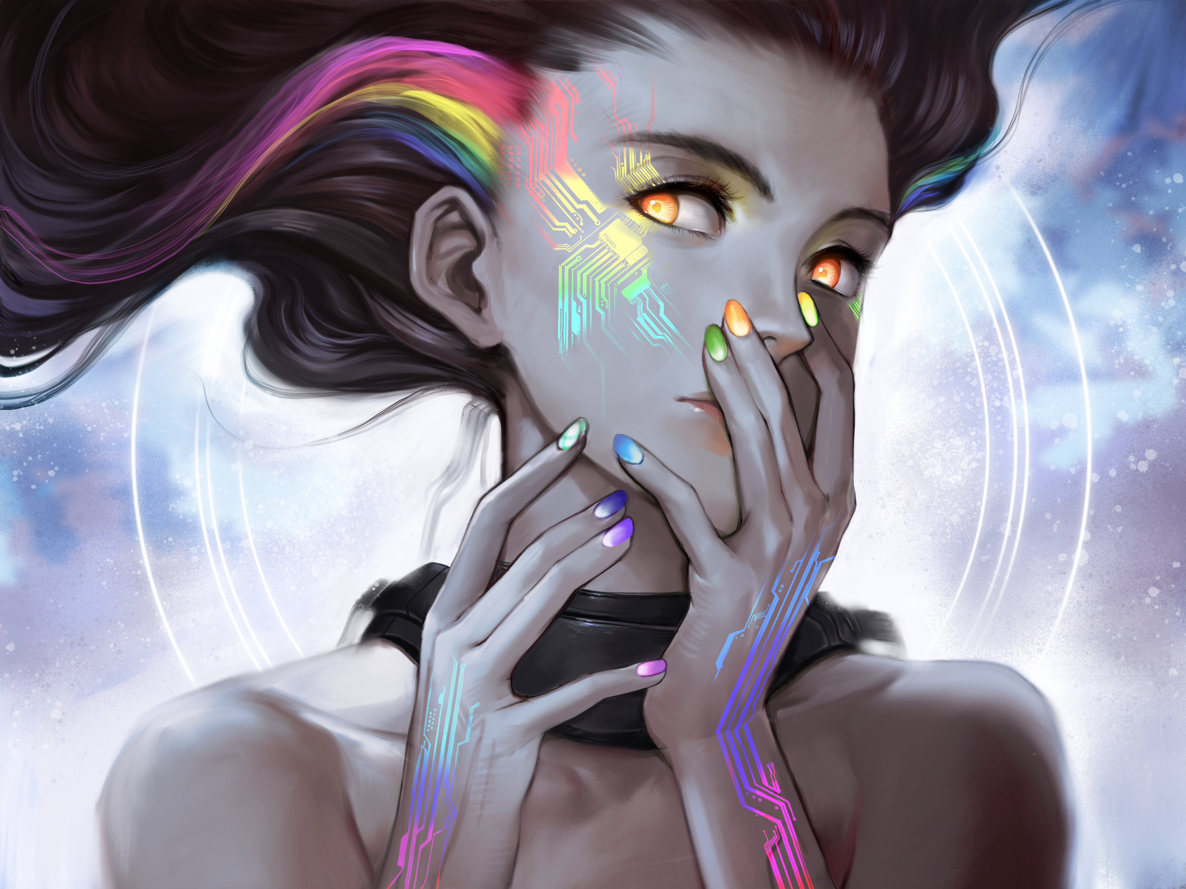 精选女人 奇幻女孩 长发 橙色眼睛 AI艺术 奇幻艺术 未来主义 五颜六色 彩虹 科幻 彩色指甲 壁纸 4000×3000
