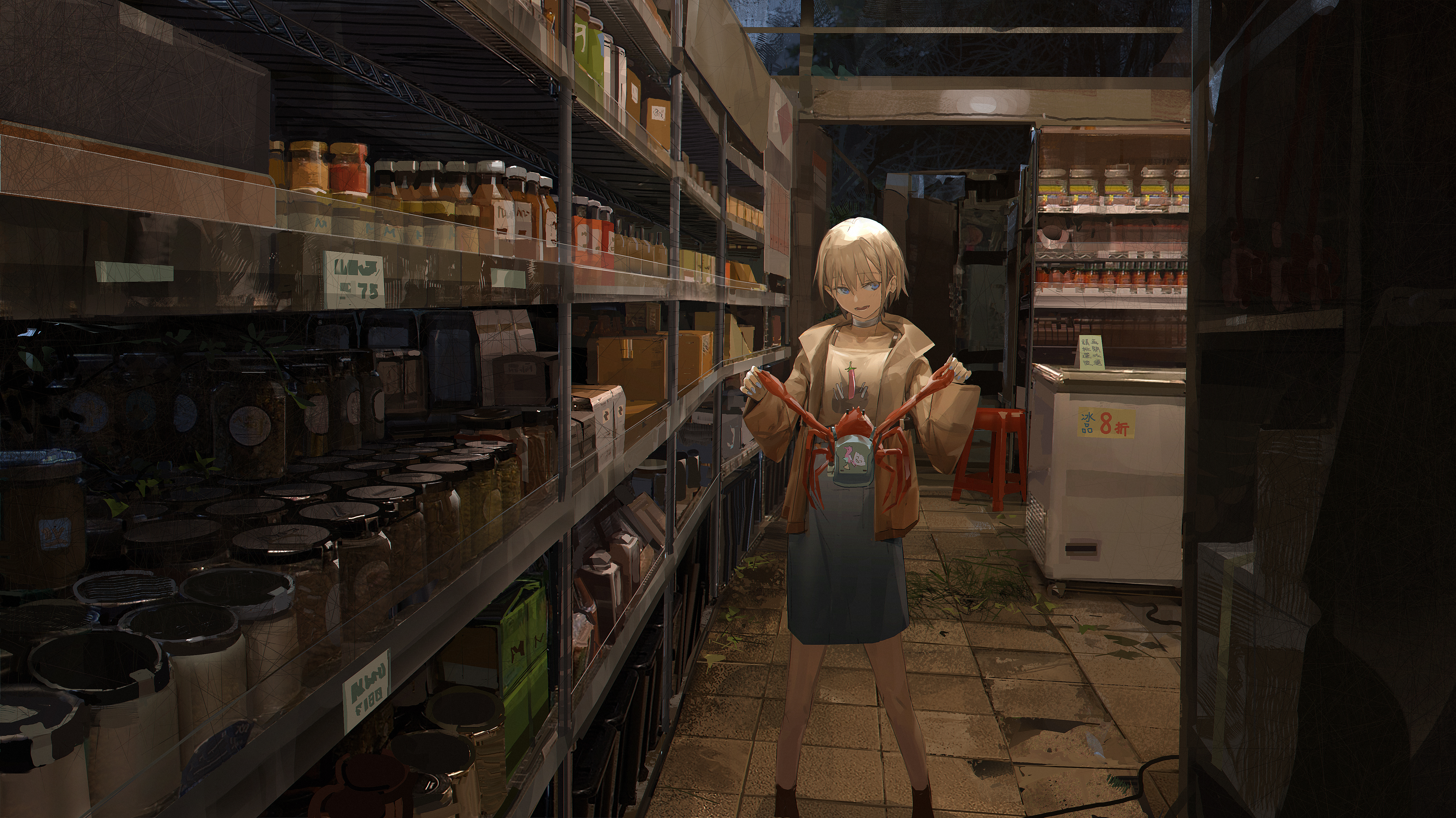 肖像 动漫 女孩 AI艺术 螃蟹 罐子 食品 背包 商店 4K高清壁纸 5334×3000