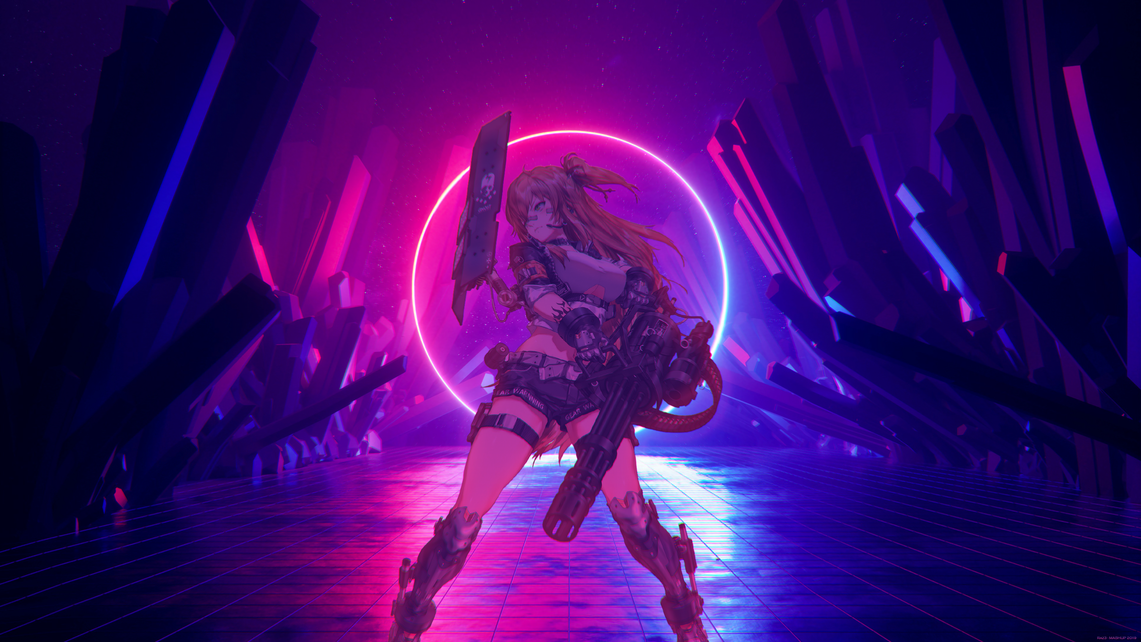 动漫 混搭 女孩 加特林枪 壁纸 3840×2160