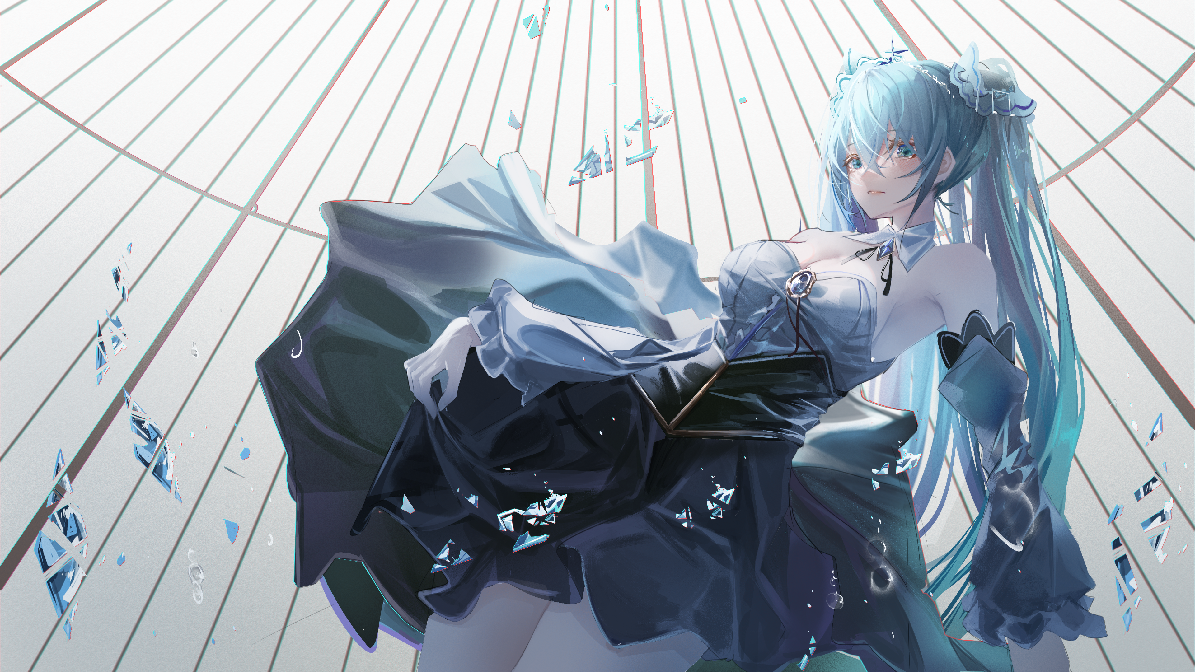 蓝头发 蓝眼睛 动漫 女孩 初音 小提琴 连衣裙 4K壁纸 3840×2160