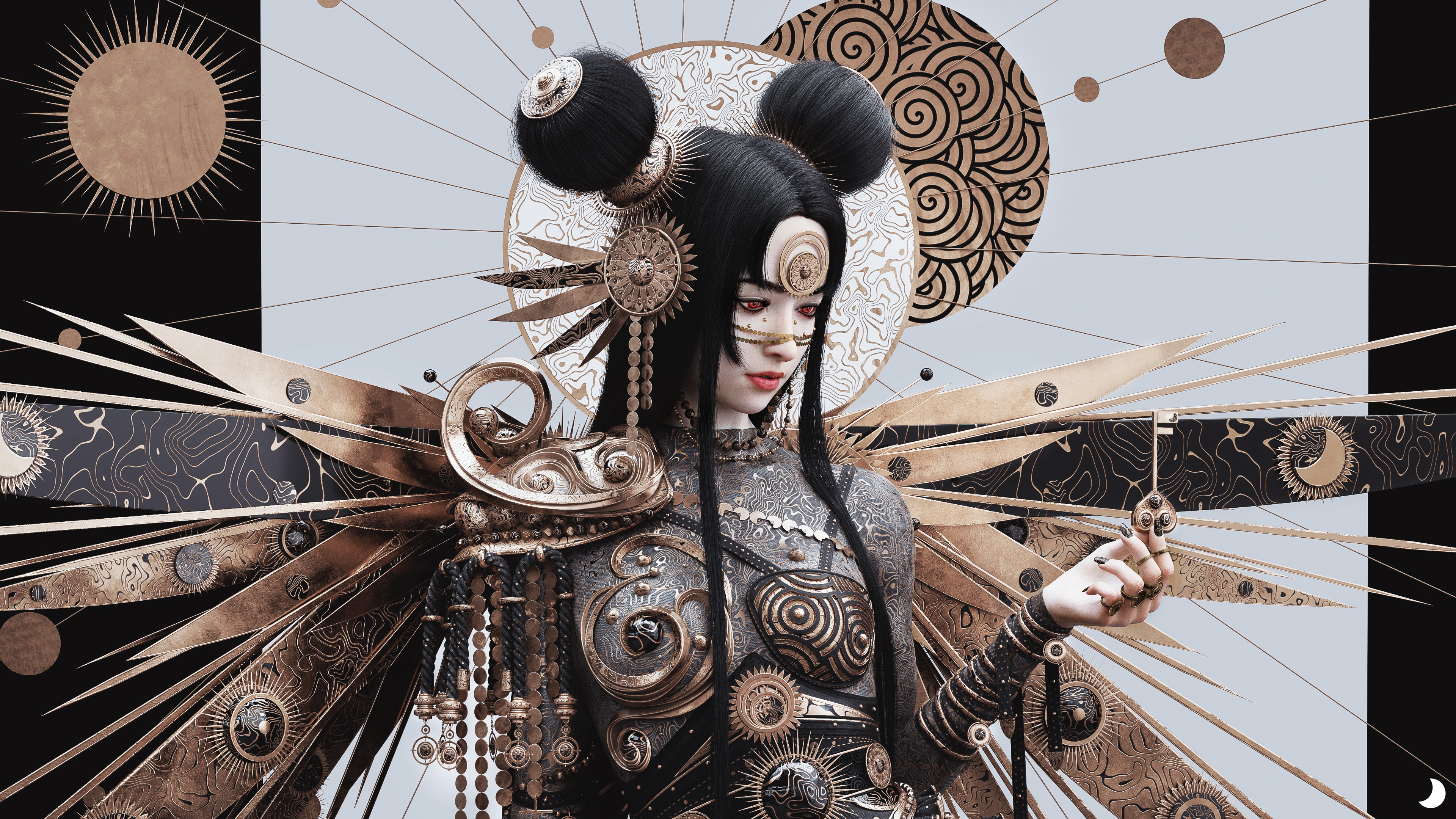 女性 奇幻女孩 长发 红色眼睛 彩绘指甲 黑发 AI艺术 艺术 奇幻艺术 黑色指甲 4K高清壁纸 3840×2160