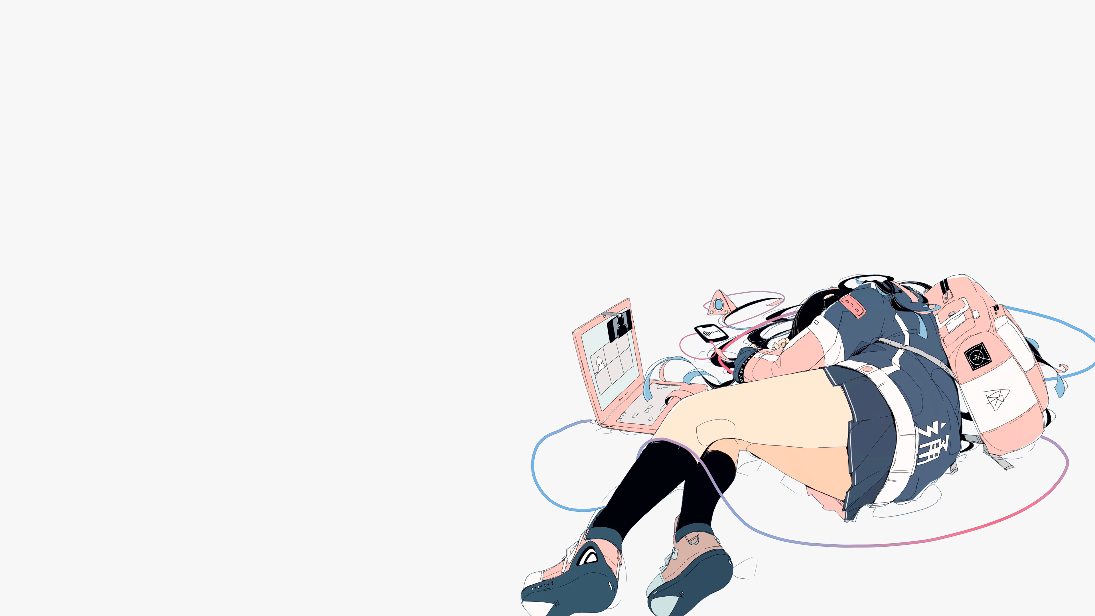 经典原创 人物 大熊猫 动漫 女孩 校服 白色背景 笔记本电脑 无水印壁纸 3840×2160