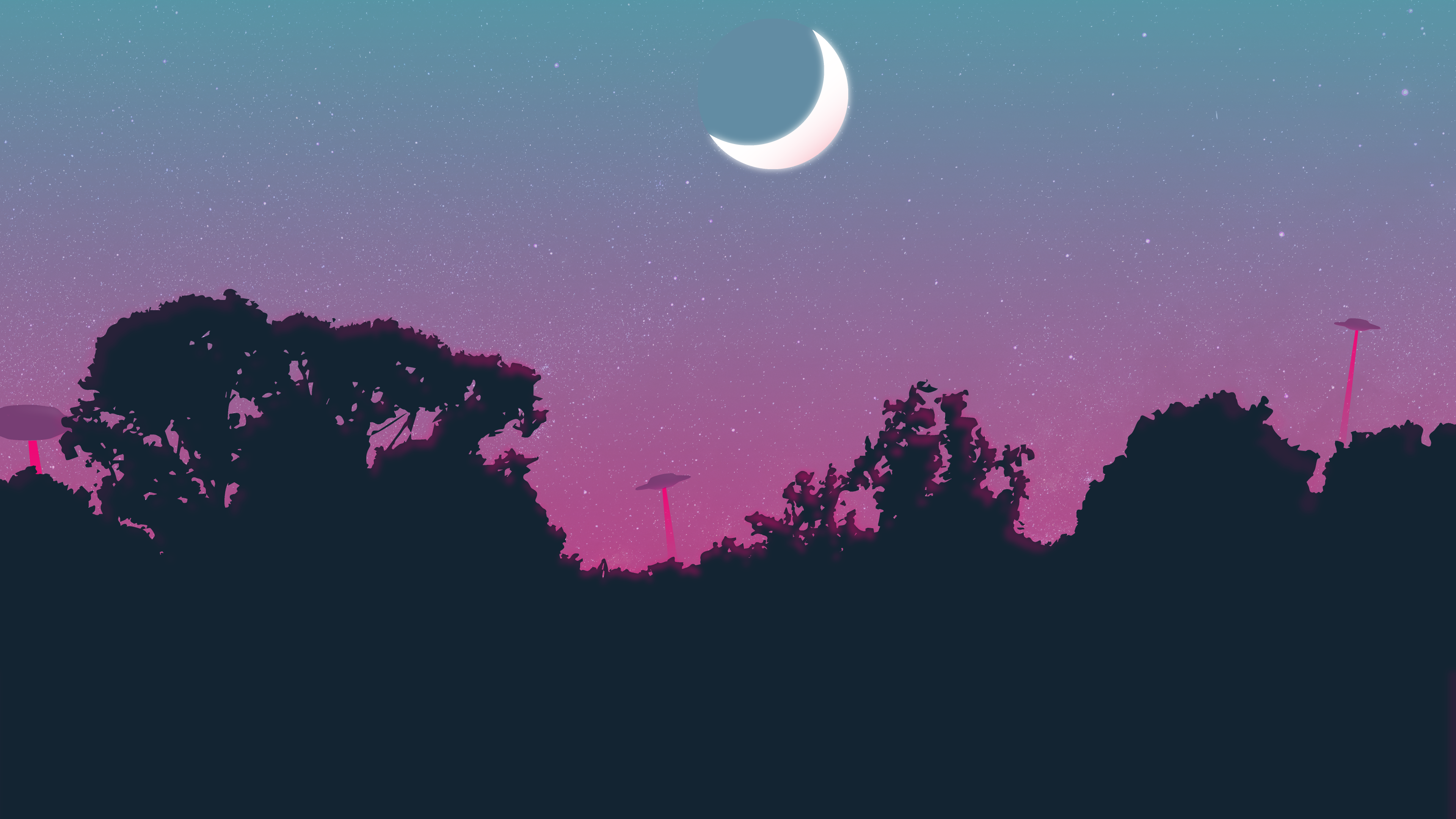 星夜 不明飞行物 树木 外星人入侵 AI艺术 月亮 剪影 桌面壁纸 3840×2160