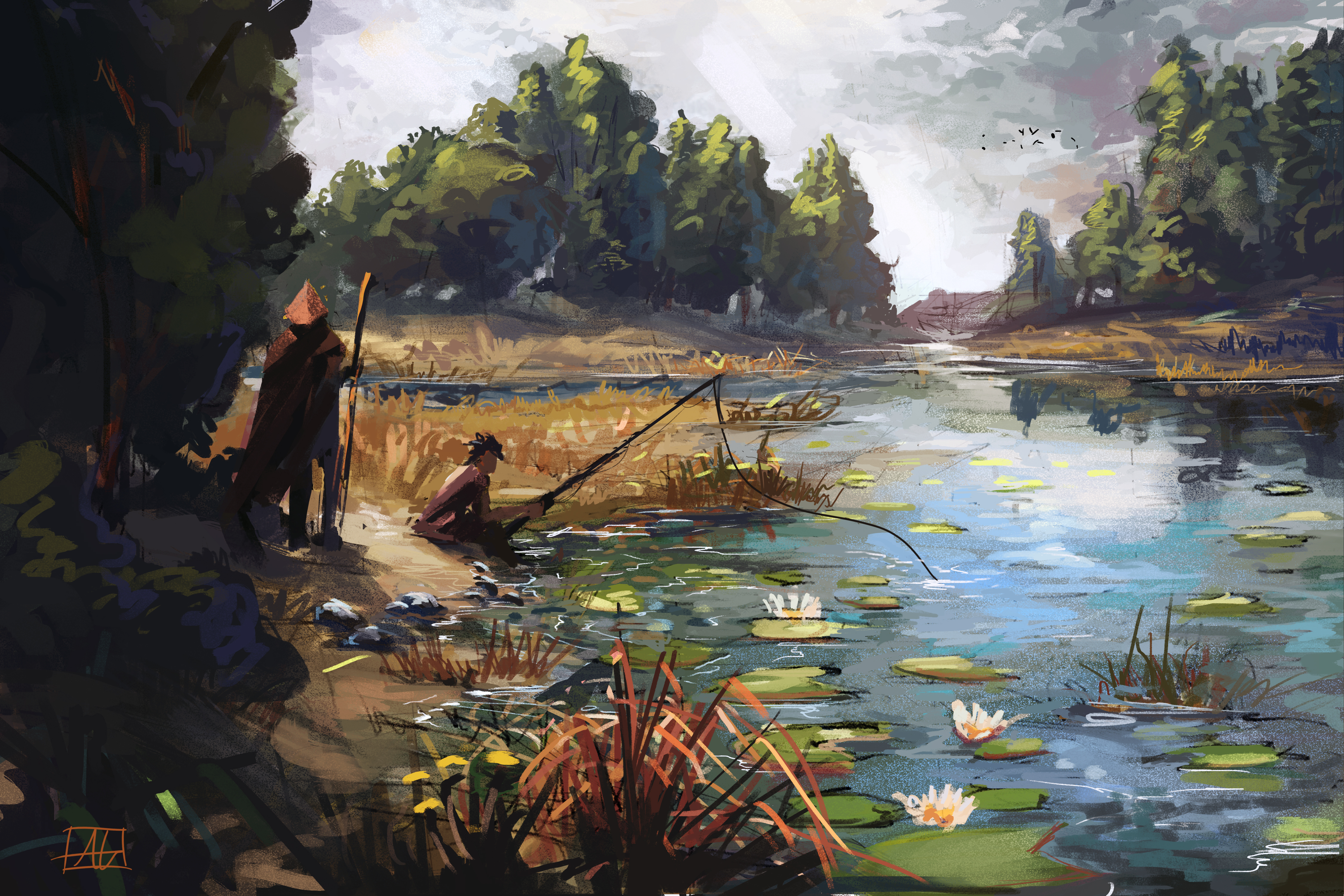 渔夫 山羊 早餐 数码绘画 风景 河流 4K高清壁纸 4500×3000