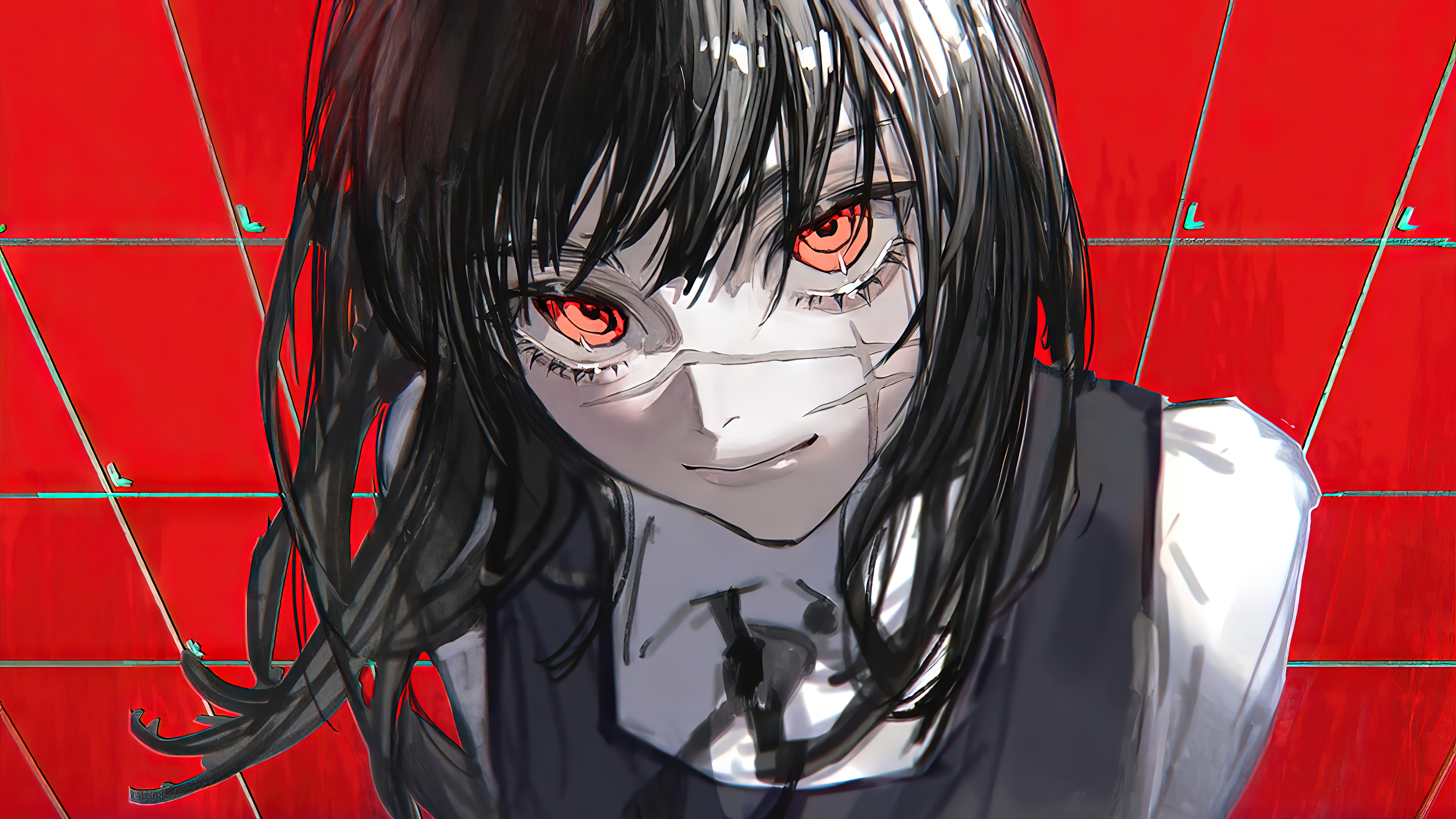 热门红眼睛 微笑 电锯人 伤疤 黑发 校服 红色背景 动漫 女孩 三高浅草 高清壁纸 3840×2160
