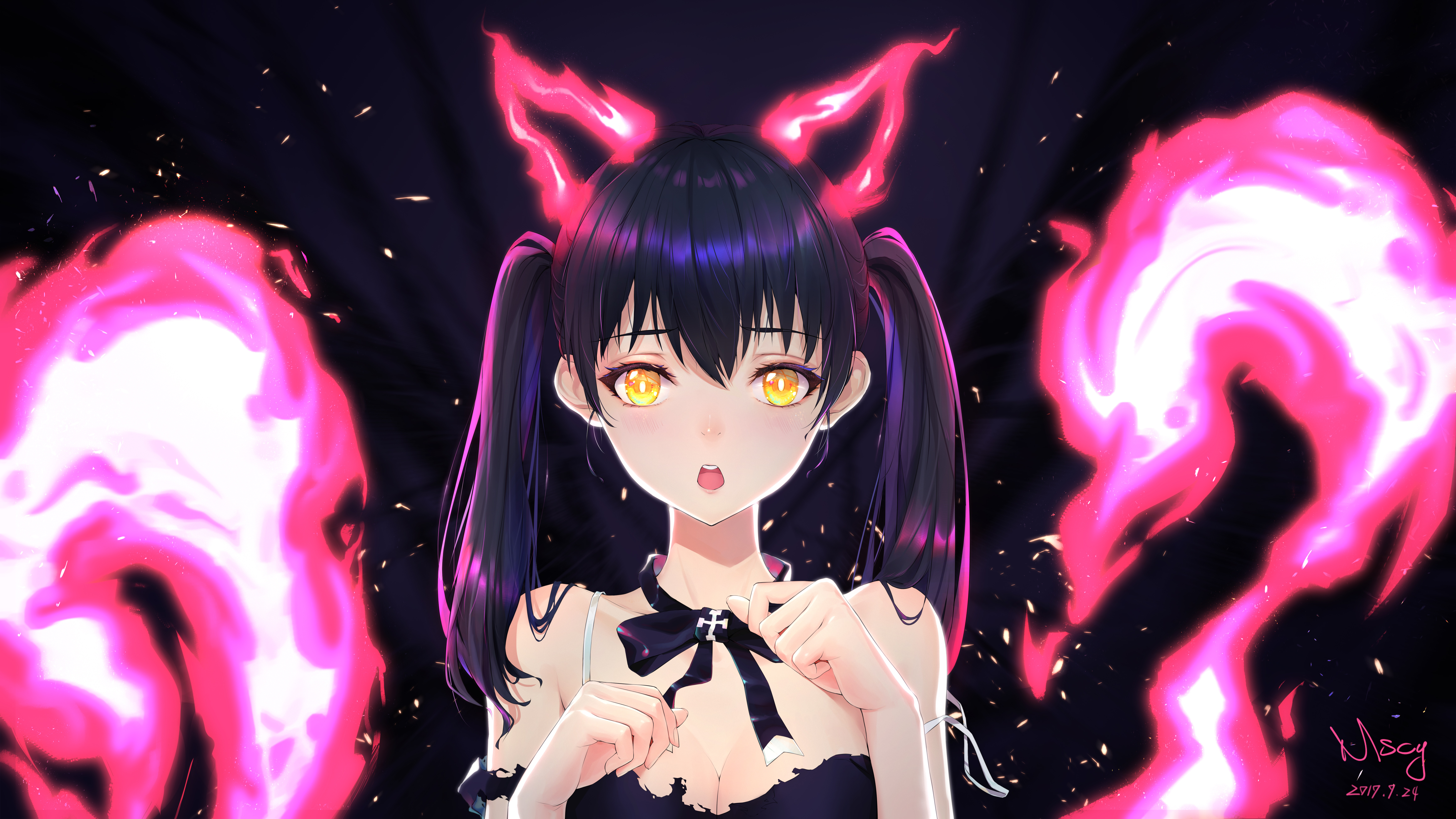 猫女孩 张嘴 女孩 动漫 黄眼睛 黑发 衣服 双尾 猫耳 猫尾 4K壁纸 7000×3938